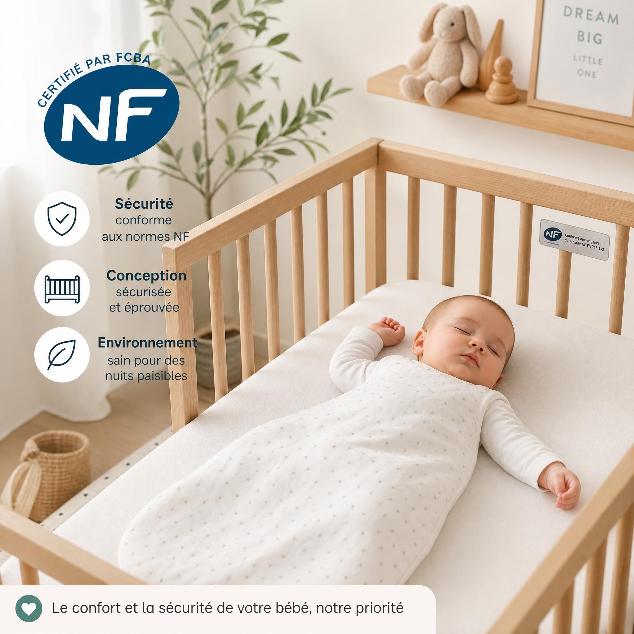 Bébé dormant paisiblement dans un berceau sécurisé conforme aux normes NF, environnement de sommeil épuré et sécuritaire