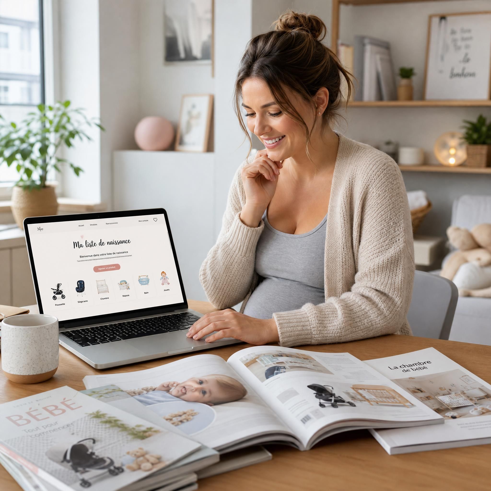 Maman enceinte heureuse en train de créer sa liste de naissance sur ordinateur, entourée de catalogues de puériculture