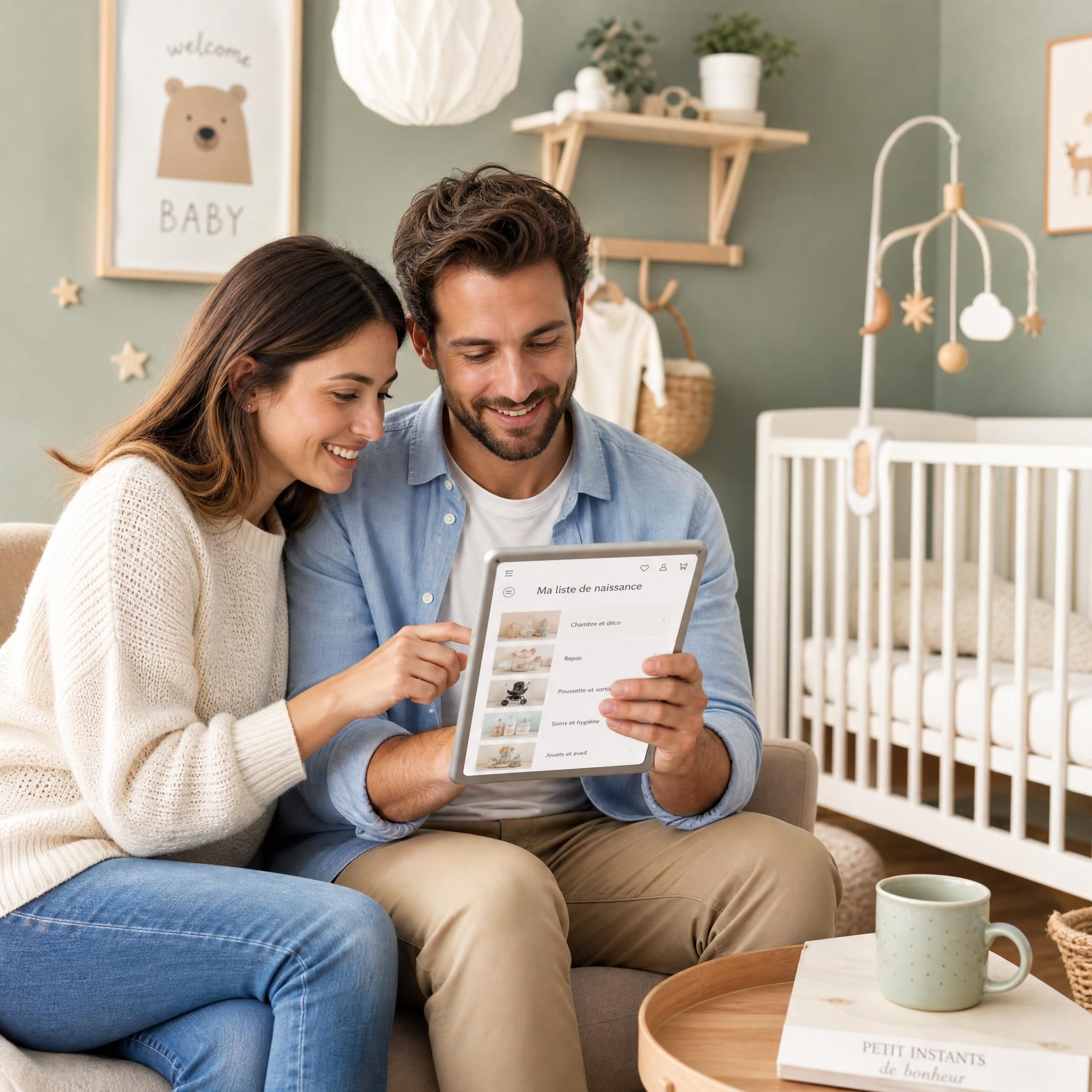 Maman et papa regardant ensemble une liste de naissance sur tablette, souriant dans une chambre bébé décorée avec goût