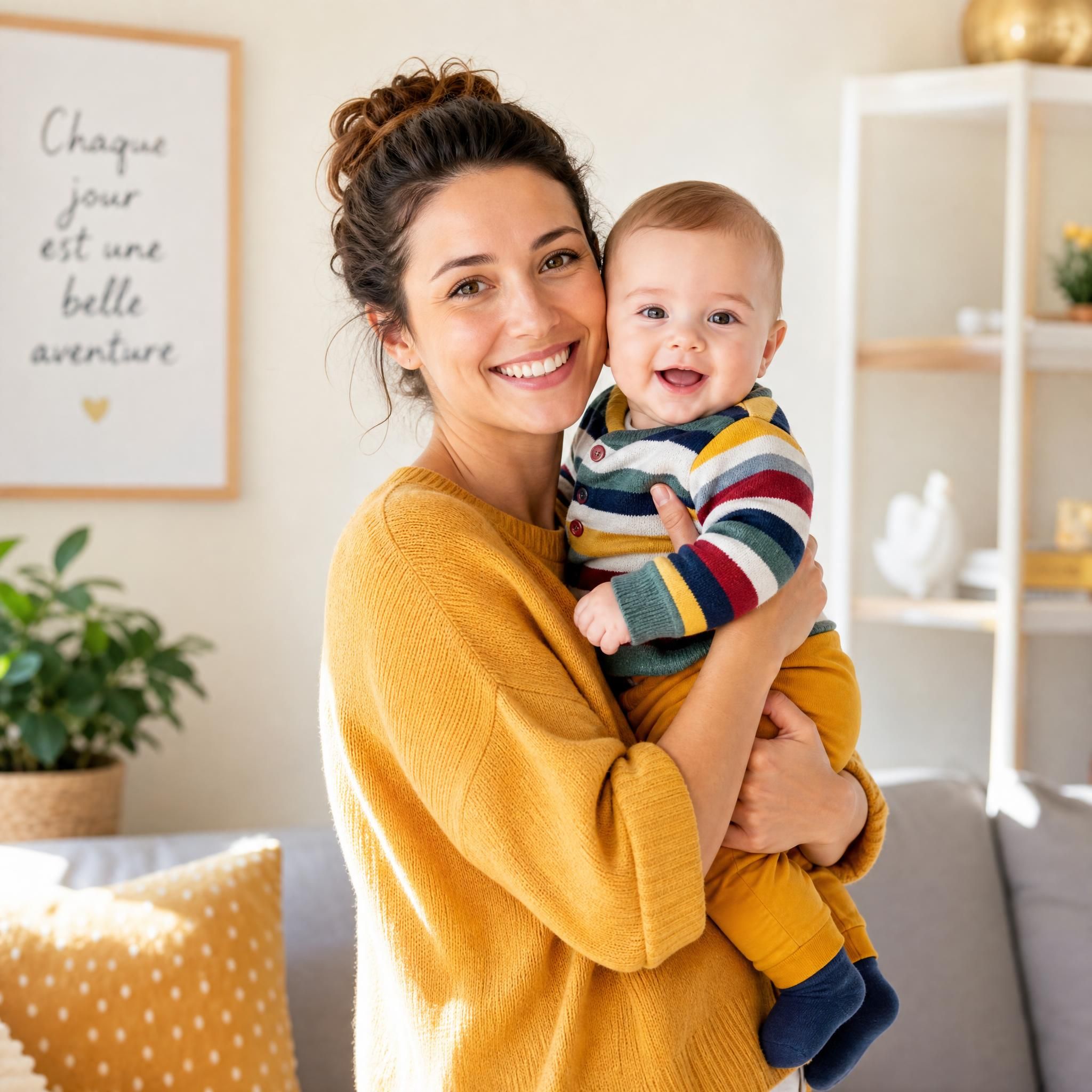 Maman solo souriante tenant son bébé habillé avec des vêtements colorés, fond chaleureux et lumineux