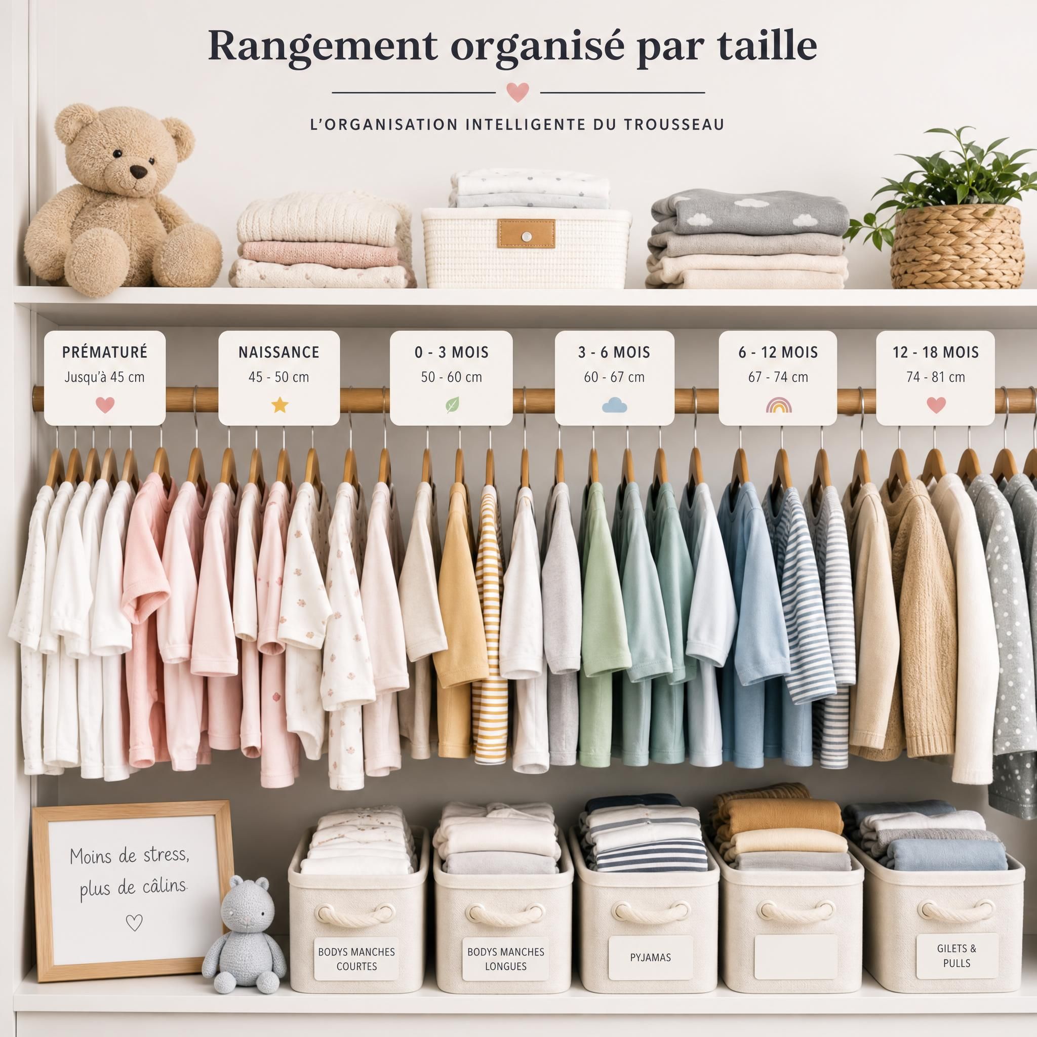 Rangement organisé de vêtements bébé par taille, avec des étiquettes claires, illustrant l'organisation intelligente du trousseau