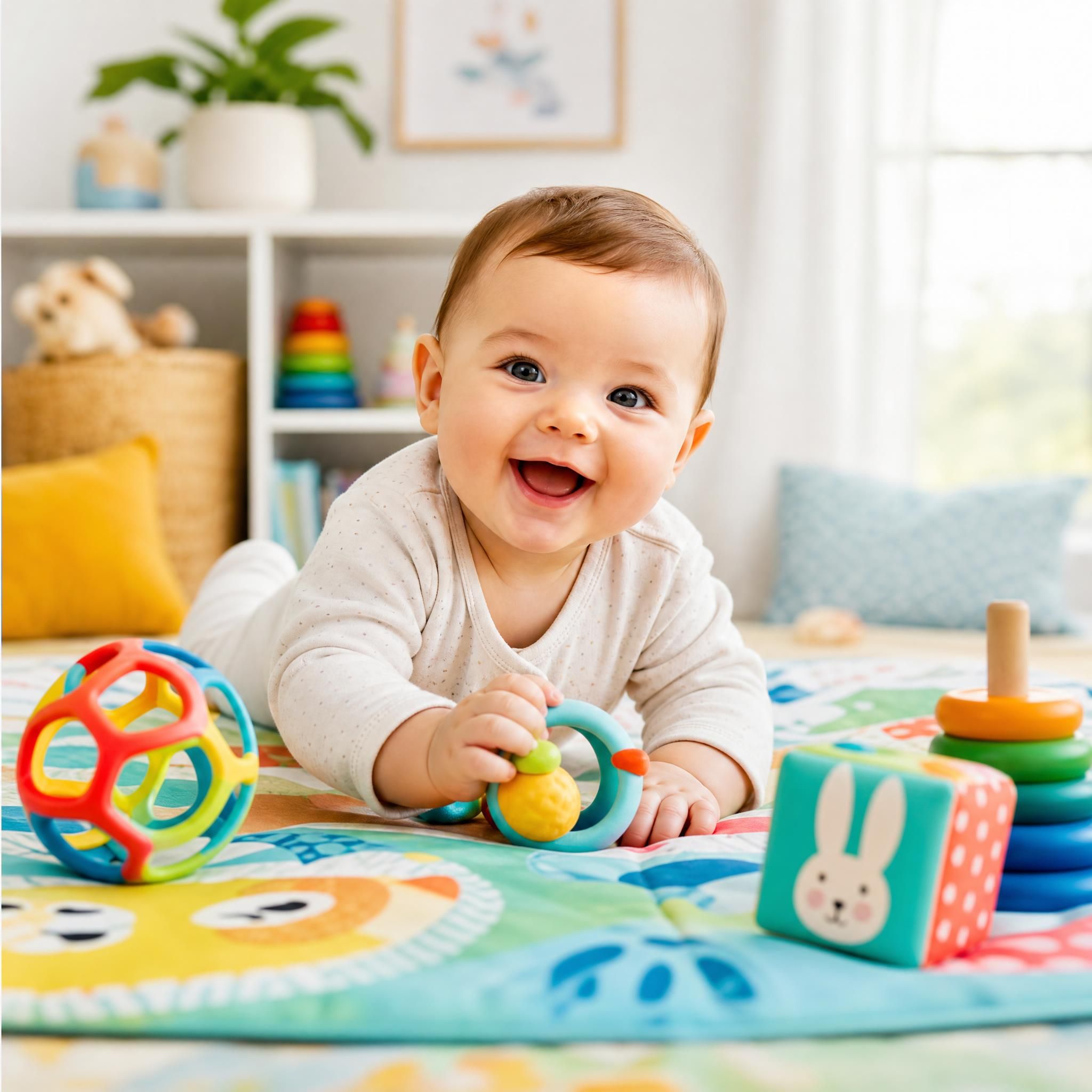 Bébé souriant en train de jouer avec des jouets d'éveil colorés sur un tapis de jeu, stimulation sensorielle