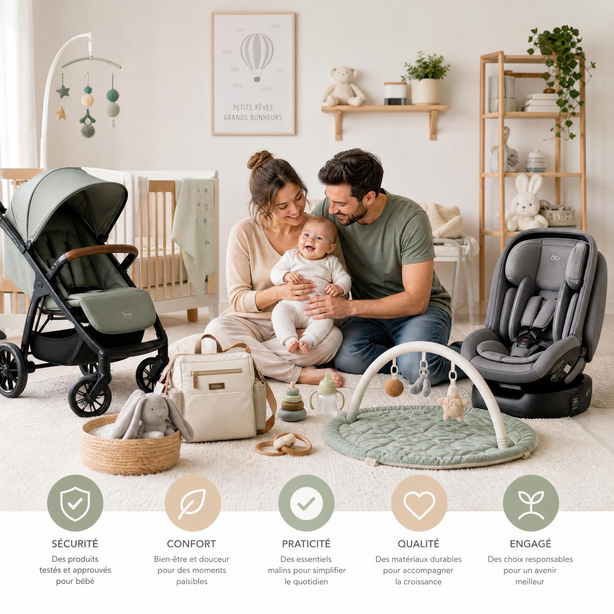 Jeunes parents heureux avec leur bébé entourés d'accessoires de puériculture bien choisis