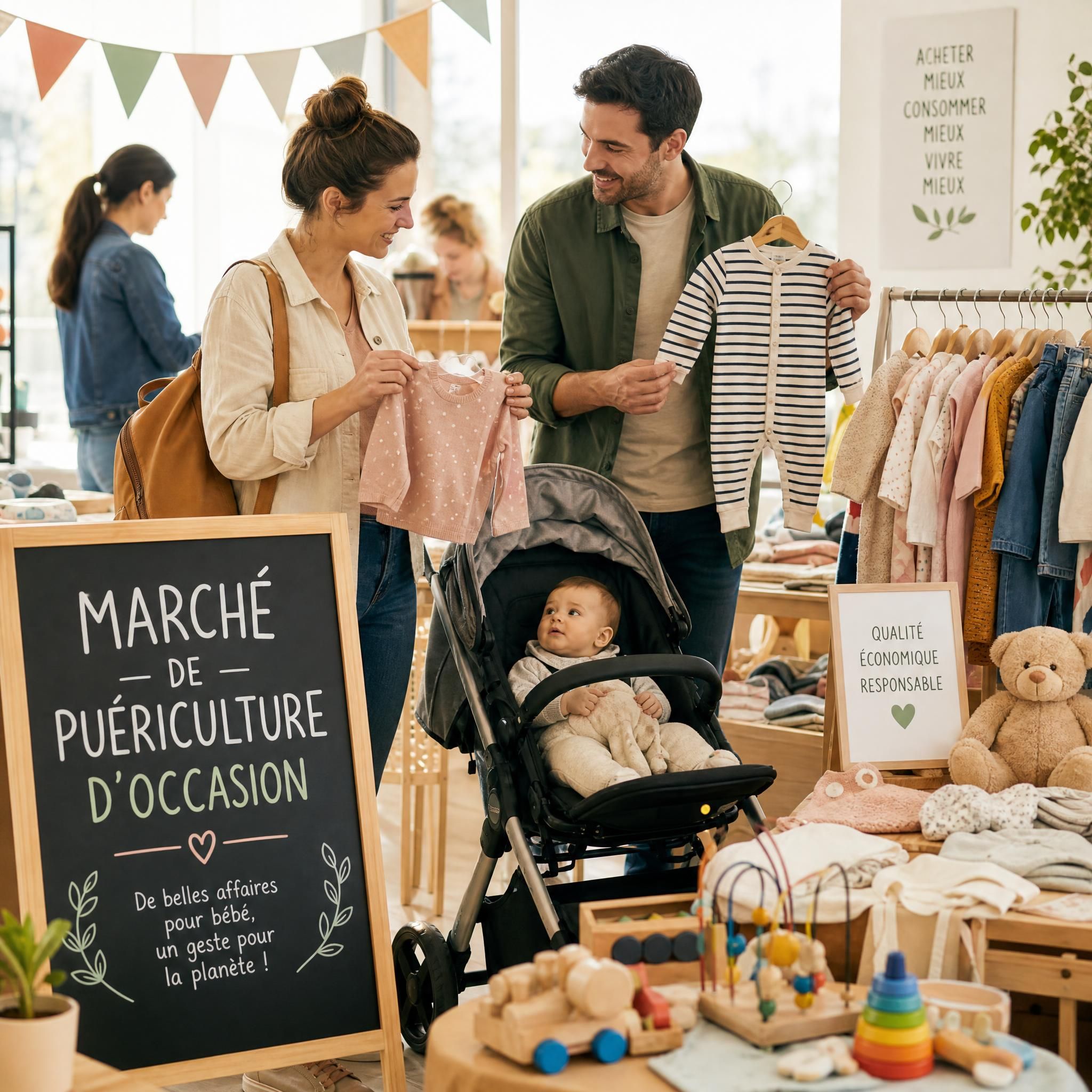Marché de puériculture d'occasion, parents qui examinent des vêtements et jouets bébé de qualité, ambiance conviviale et responsable