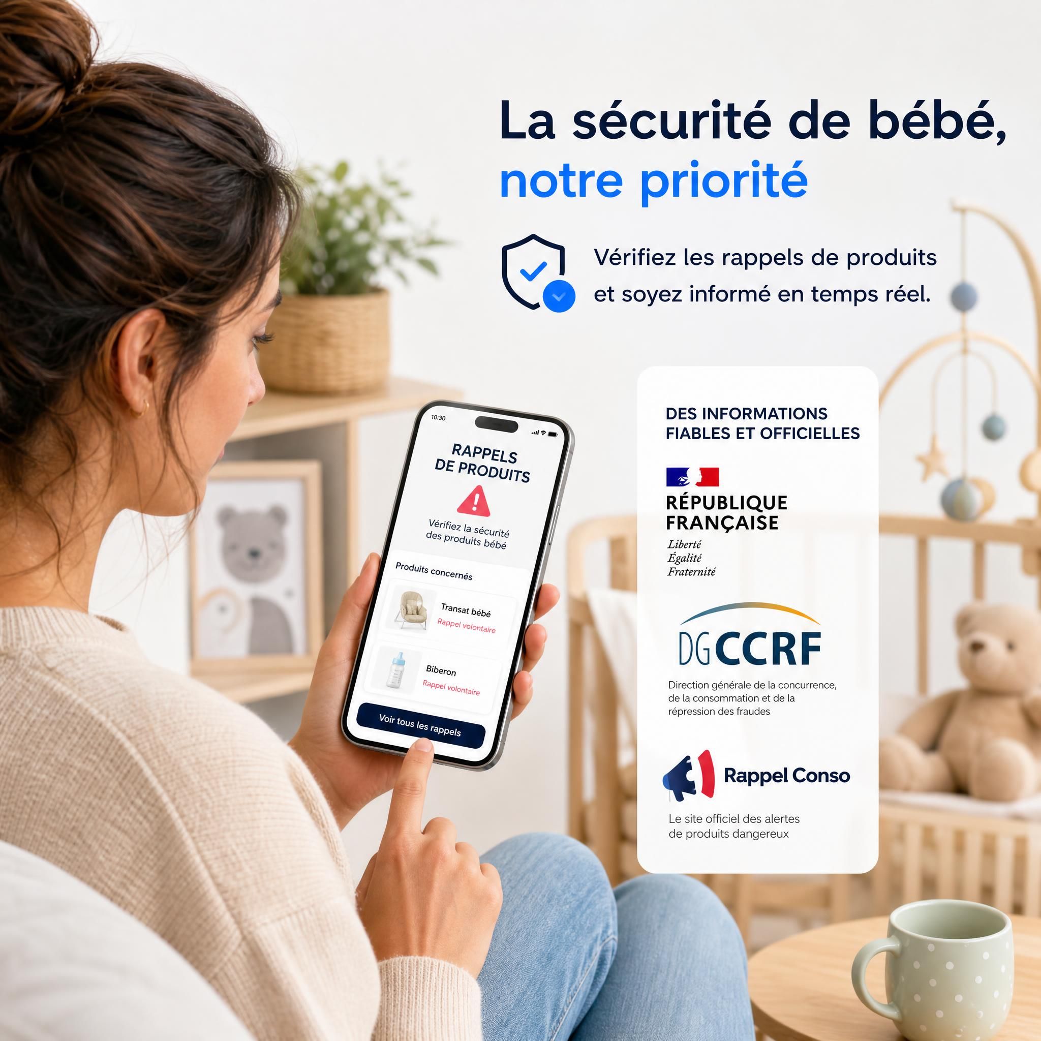 Illustration d'un parent vérifiant les rappels de produits bébé sur son smartphone, avec les logos des organismes de sécurité officiels français