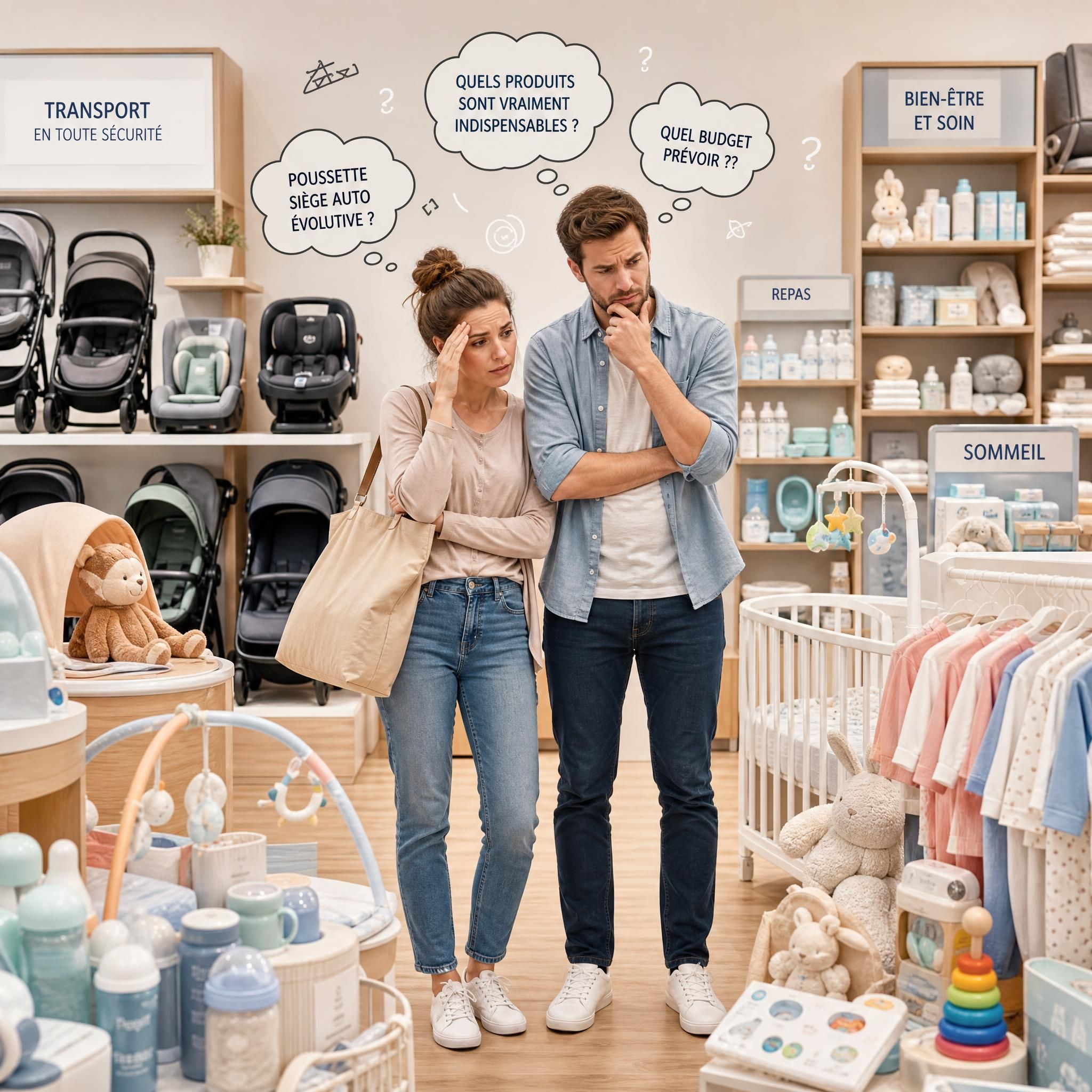 Parents dépassés face à un magasin de puériculture rempli d'accessoires bébé, illustrant la difficulté de choisir les bons produits