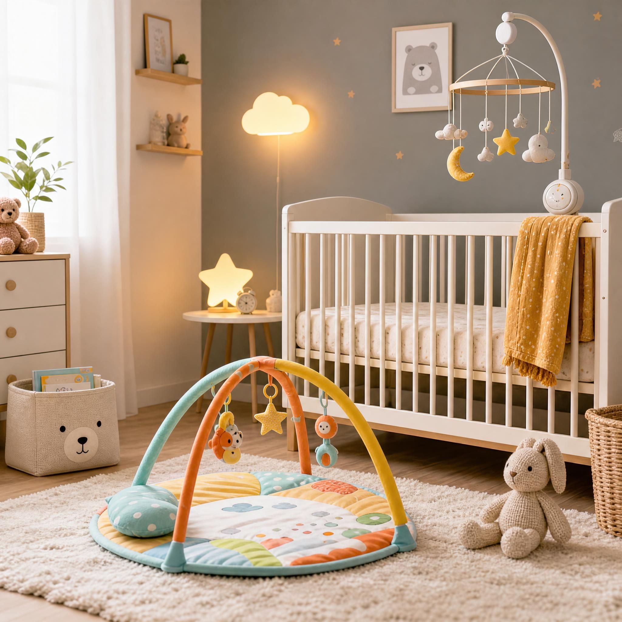 Chambre bébé cosy et sécurisée avec lit à barreaux, tapis d'éveil coloré, veilleuse douce et mobile musical