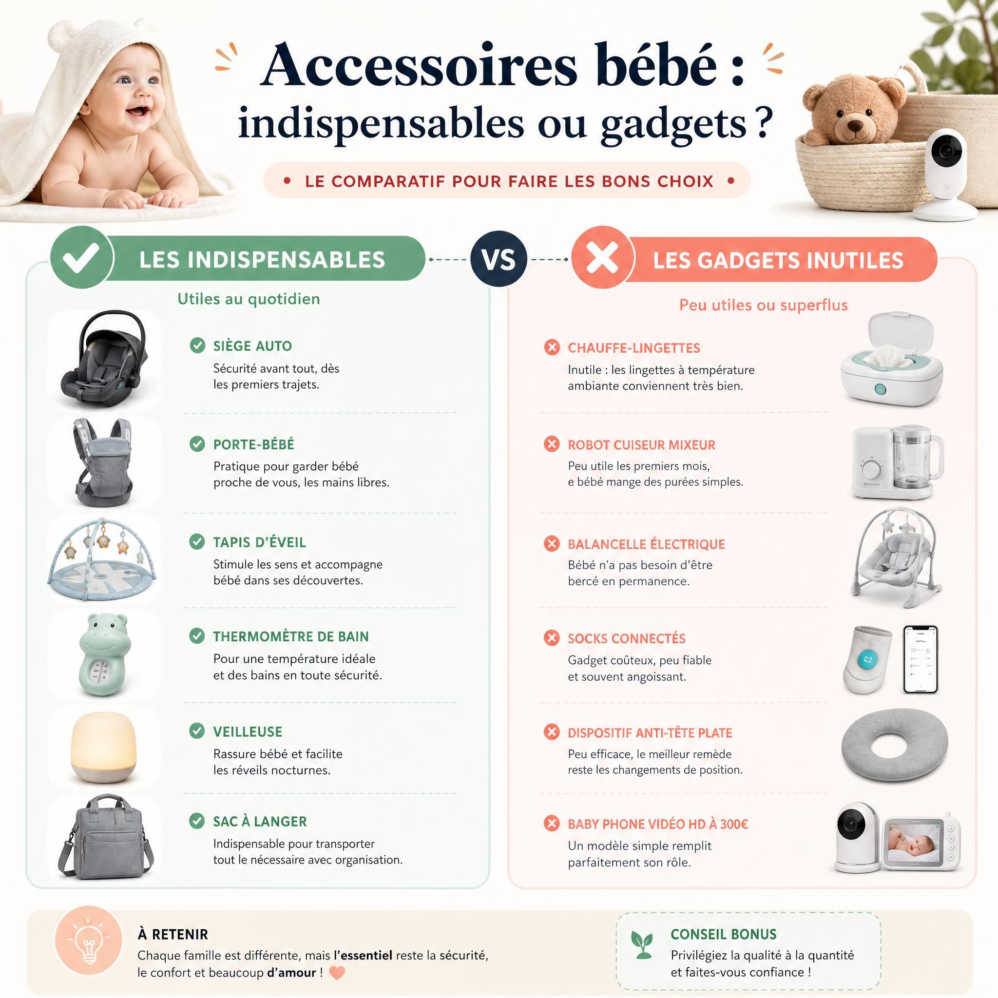 Comparatif visuel entre accessoires bébé indispensables et gadgets inutiles, avec une liste illustrée des incontournables vs superflus
