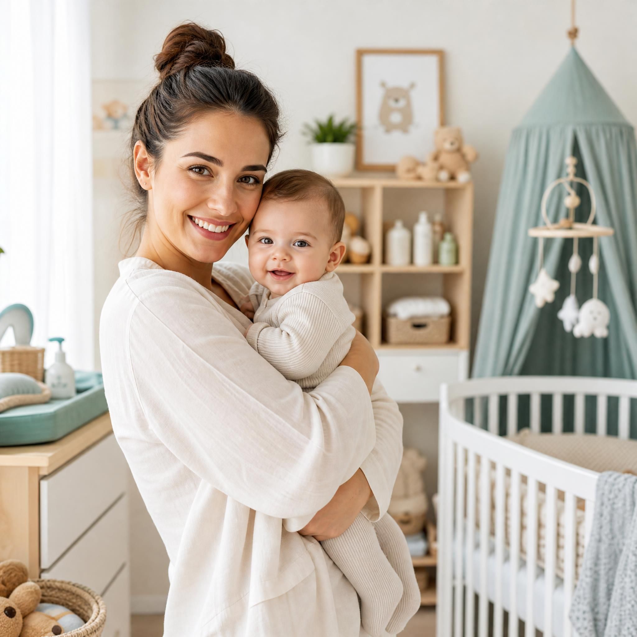 Jeune maman souriante tenant son bébé dans ses bras dans une chambre bébé bien aménagée, accessoires puériculture en arrière-plan