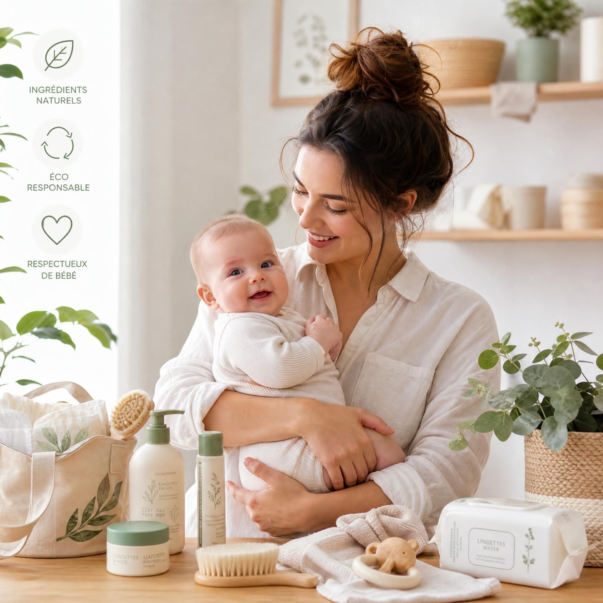 Jeune mère tenant son bébé dans ses bras, entourée de produits de puériculture éco-responsables, lumière naturelle douce