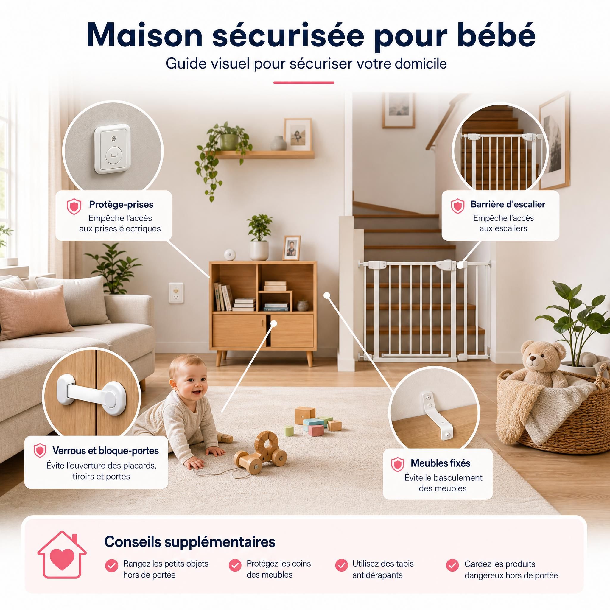 Maison sécurisée pour bébé avec protège-prises, barrière d'escalier et meubles fixés, guide visuel de sécurisation du domicile