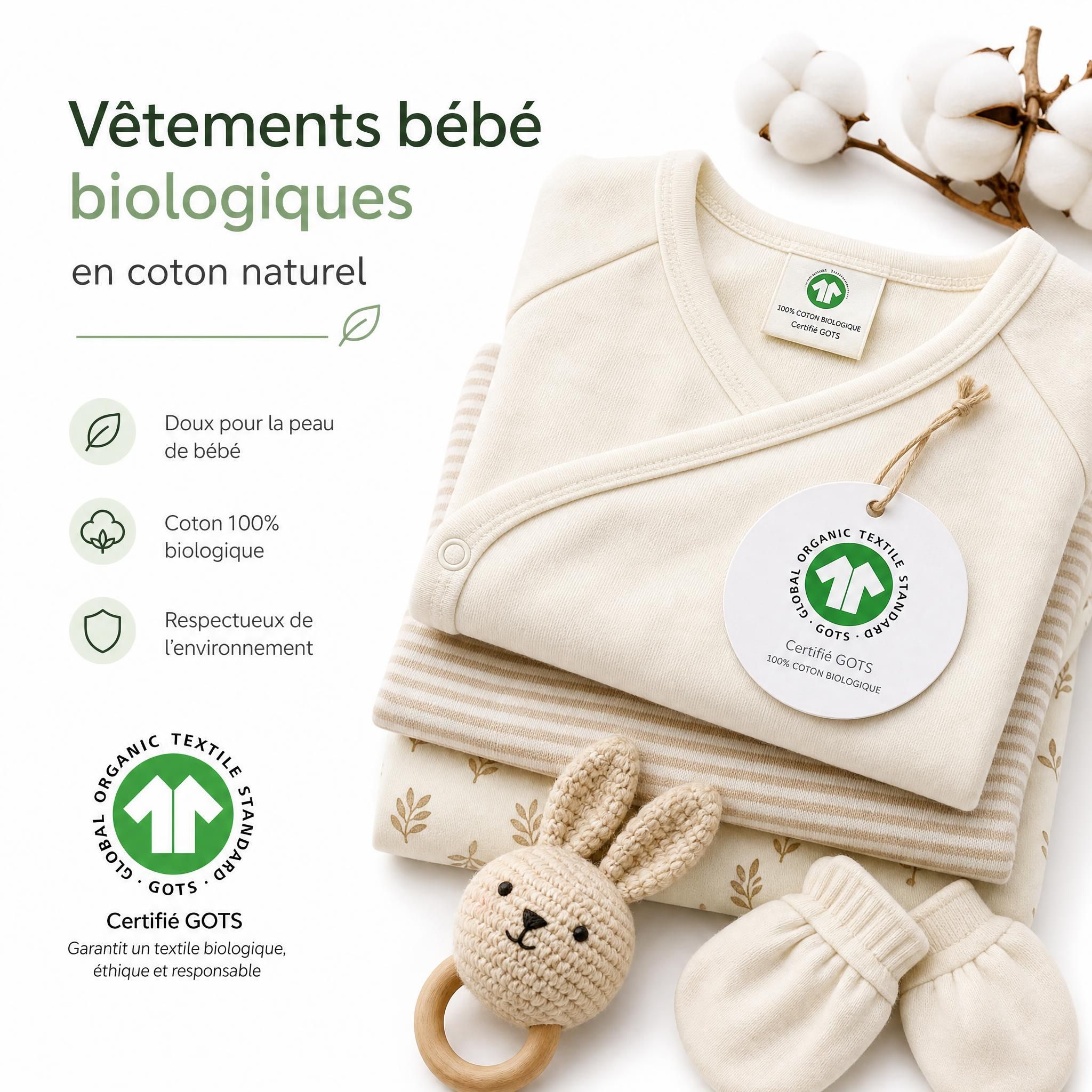 Vêtements bébé biologiques en coton naturel, étiquettes certifiées GOTS visibles, fond blanc épuré