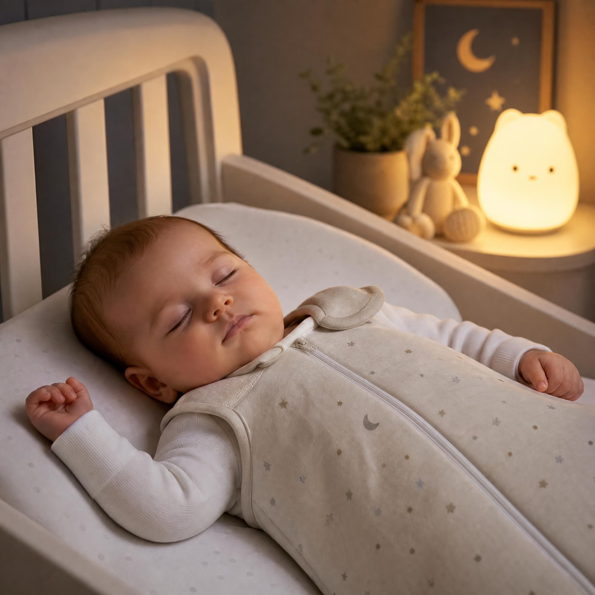 Bébé paisible endormi dans son lit avec une gigoteuse douce, veilleuse allumée en arrière-plan, ambiance sereine et rassurante