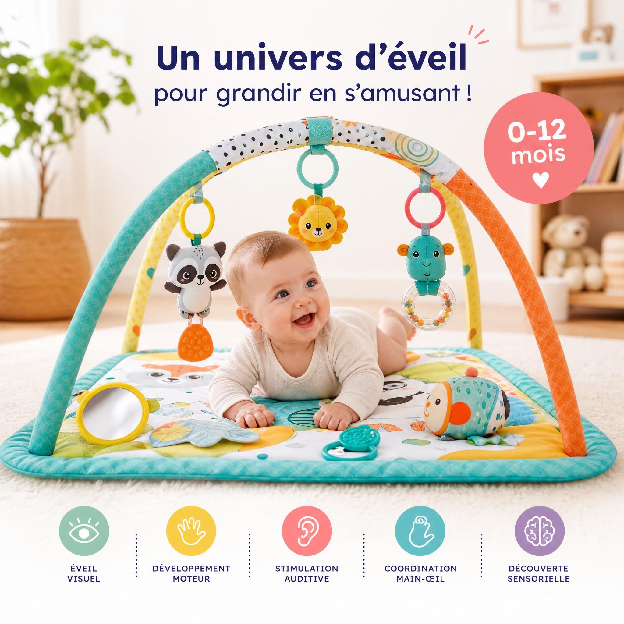 Tapis d'éveil coloré avec arche de jeux, hochets et jouets sensoriels adaptés aux bébés de 0 à 12 mois