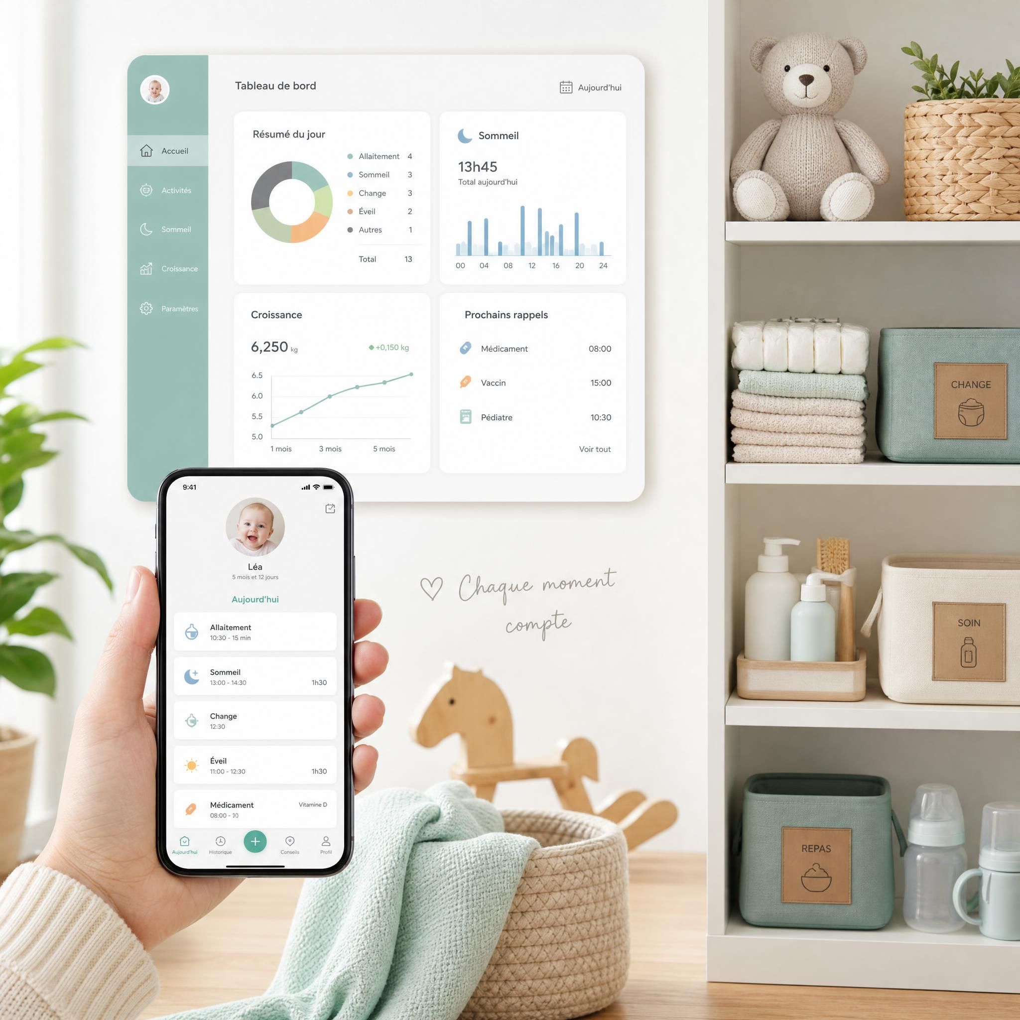 Parent organisé avec un tableau de bord bébé, application smartphone de suivi, et accessoires puériculture bien rangés sur une étagère