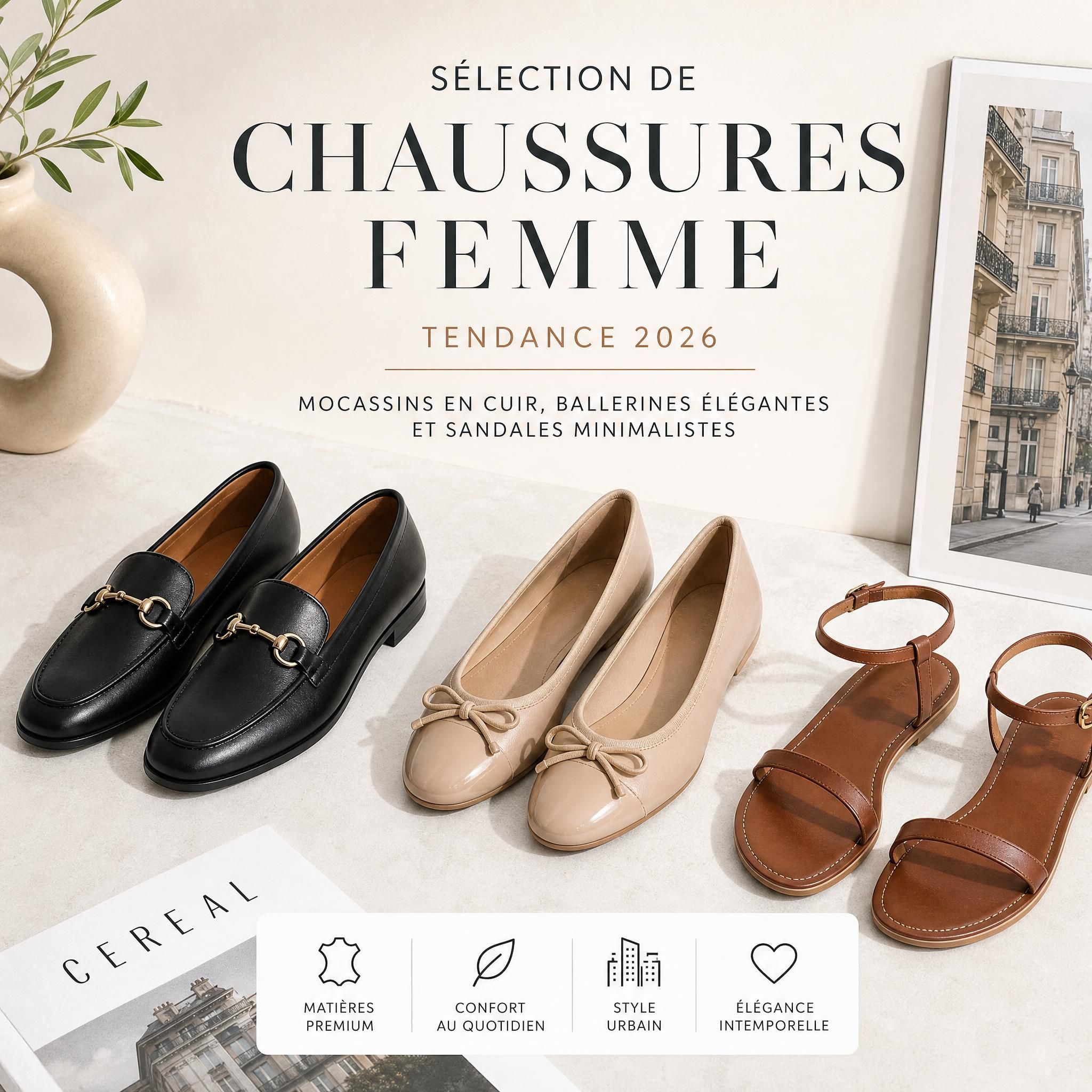 Selection of trendy women's shoes 2026 — leather loafers, elegant ballet flats, and minimalist sandals set on a light background, modern urban style