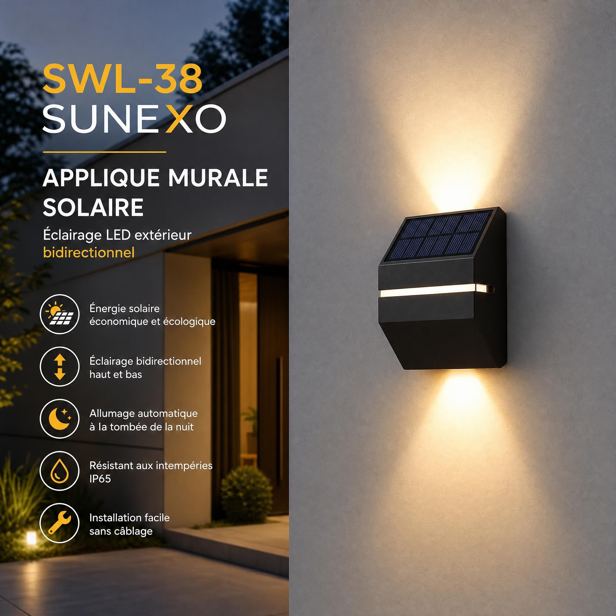 Applique murale solaire SWL-38 Sunexo design bidirectionnel éclairage LED extérieur façade maison