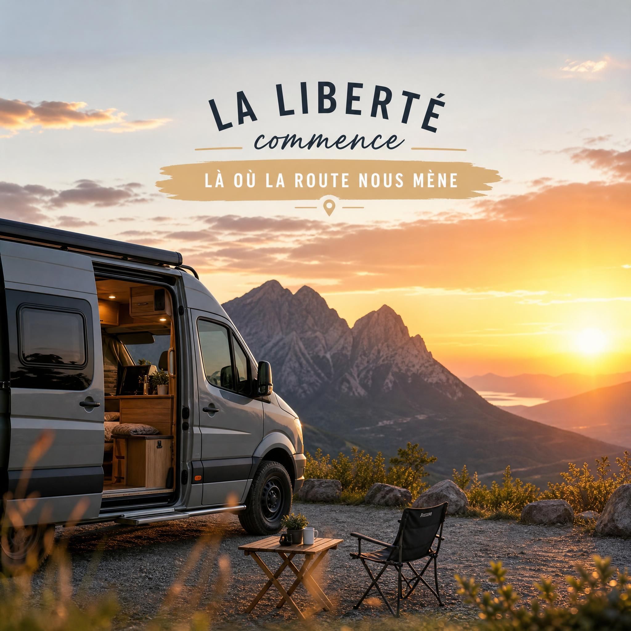 Van aménagé garé face à un paysage de montagne au coucher du soleil en France, road trip liberté