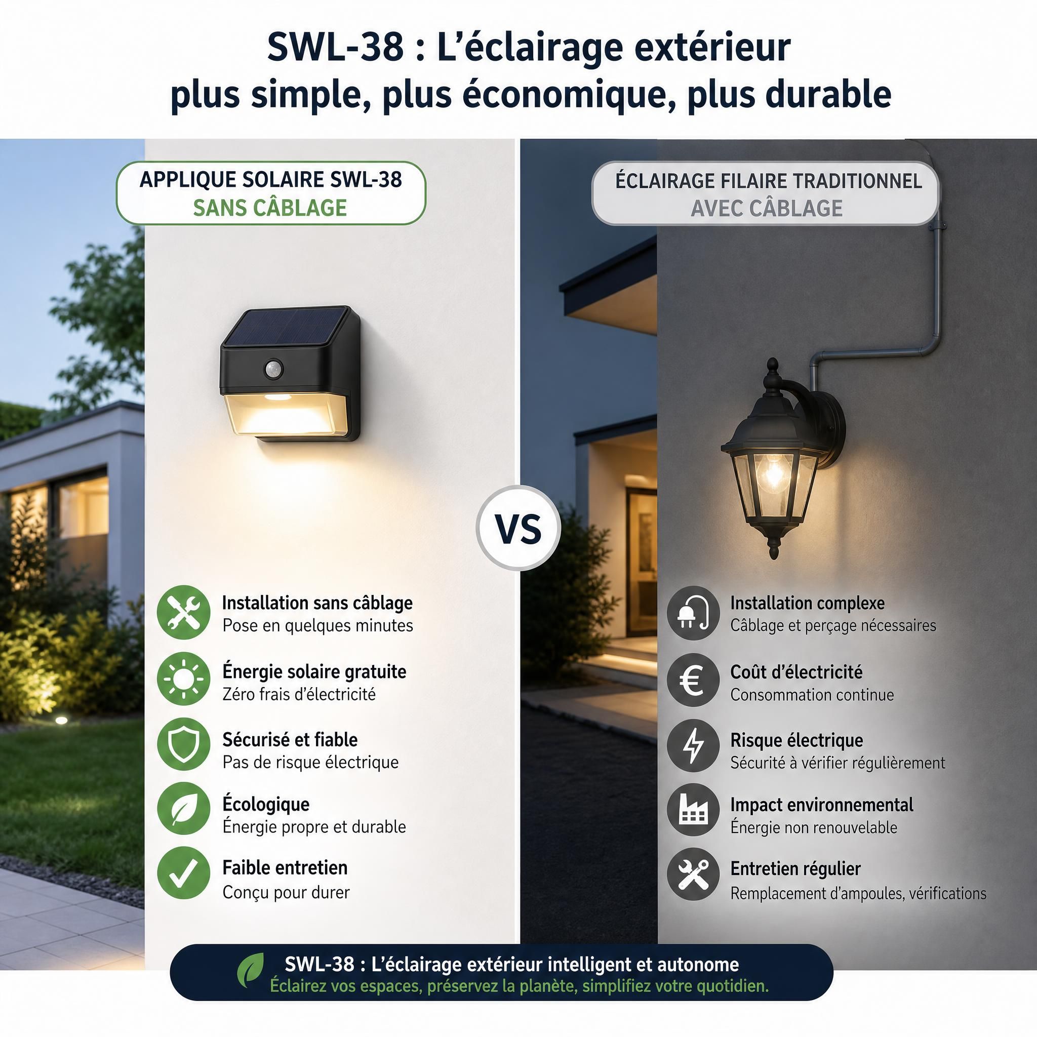 Comparaison installation applique solaire SWL-38 sans câblage vs éclairage filaire traditionnel extérieur