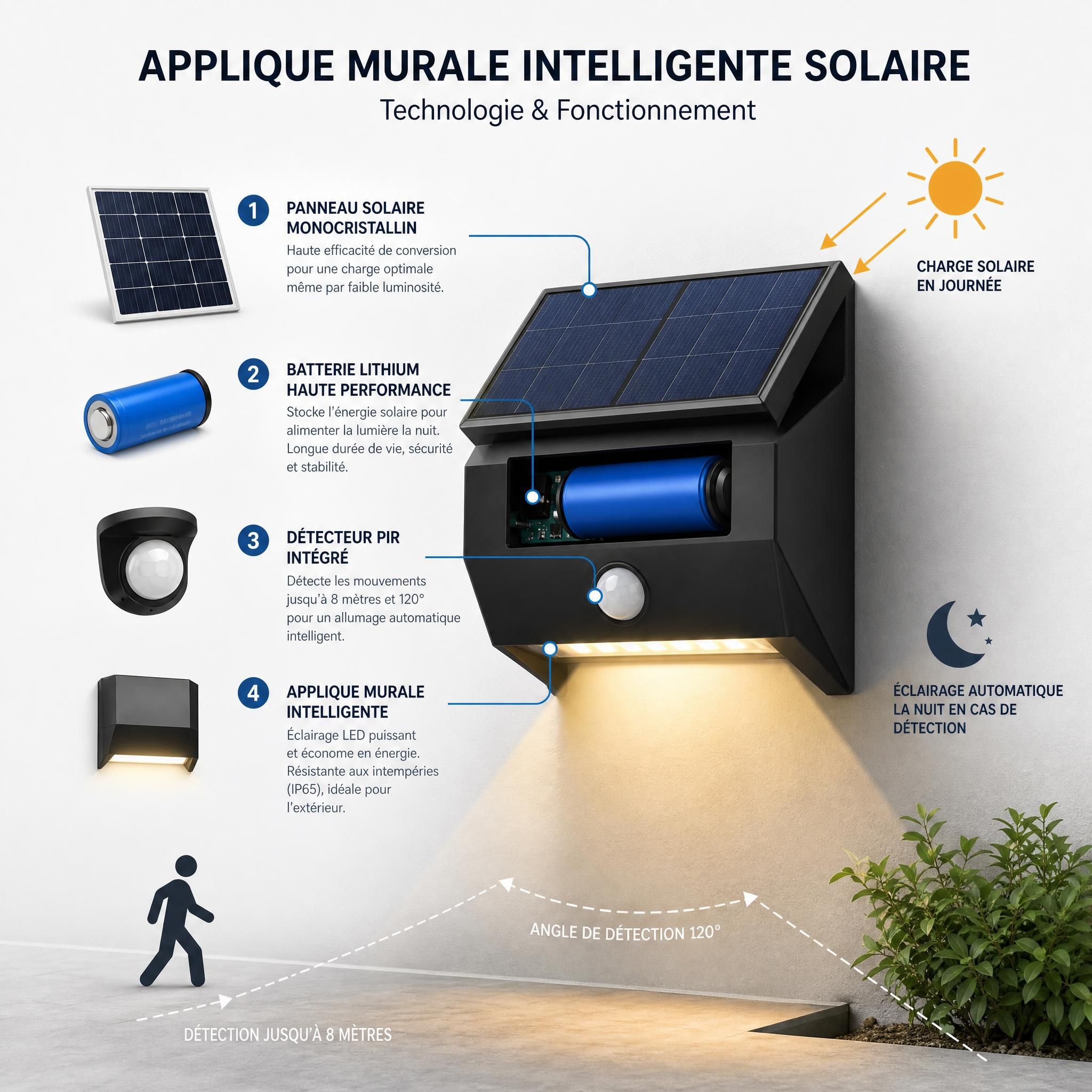 Schéma technologie panneau solaire monocristallin batterie lithium détecteur PIR applique murale intelligente