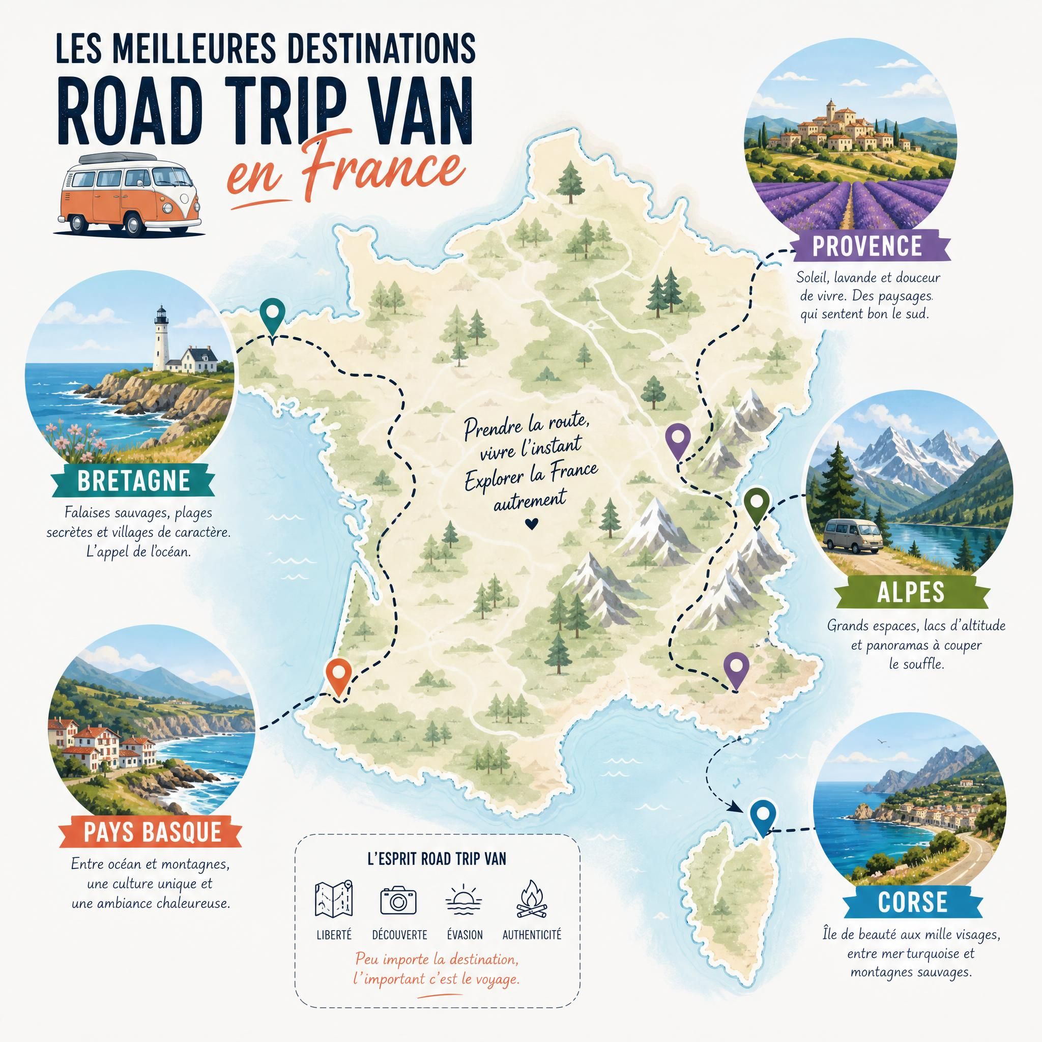 Carte illustrée des meilleures destinations road trip van en France — Bretagne, Provence, Alpes, Pays Basque, Corse