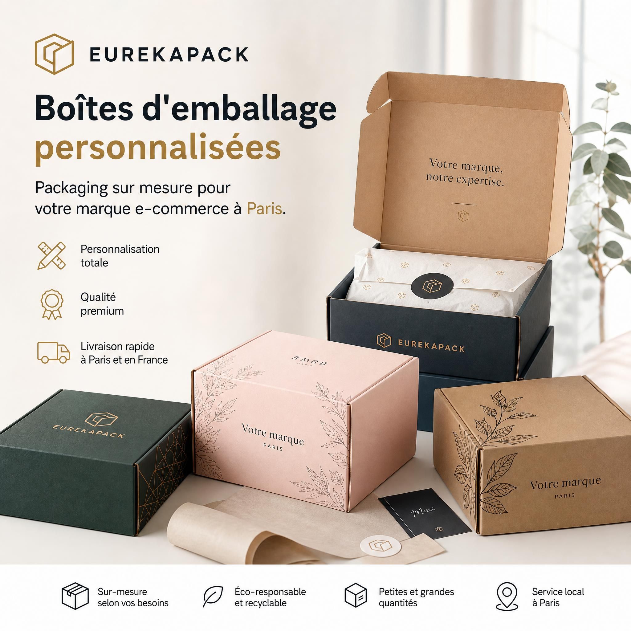 Boîtes d'emballage personnalisées EUREKAPACK avec logo de marque, packaging e-commerce sur mesure Paris