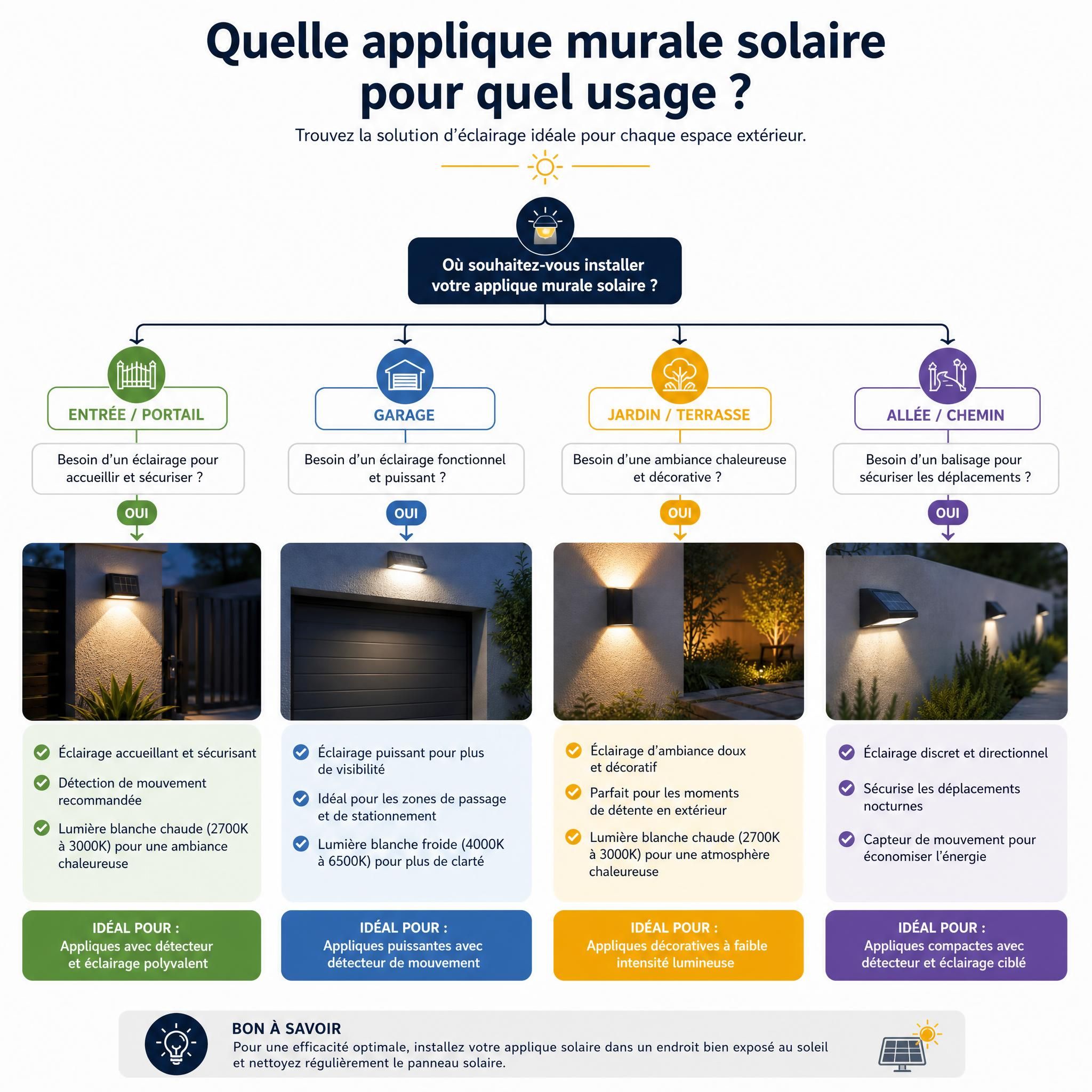 Schéma arbre de décision choix applique murale solaire selon usage entrée portail garage jardin