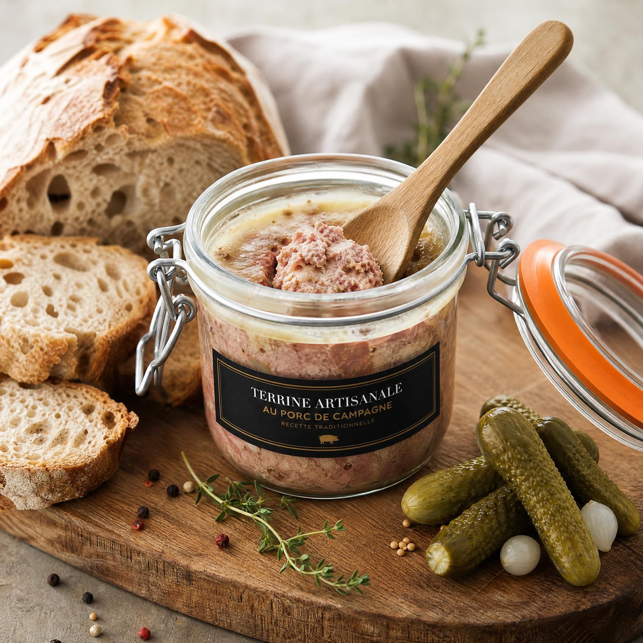 Bocal de terrine artisanale ouvert avec une cuillère en bois, posé sur une planche en chêne avec du pain de campagne et des cornichons