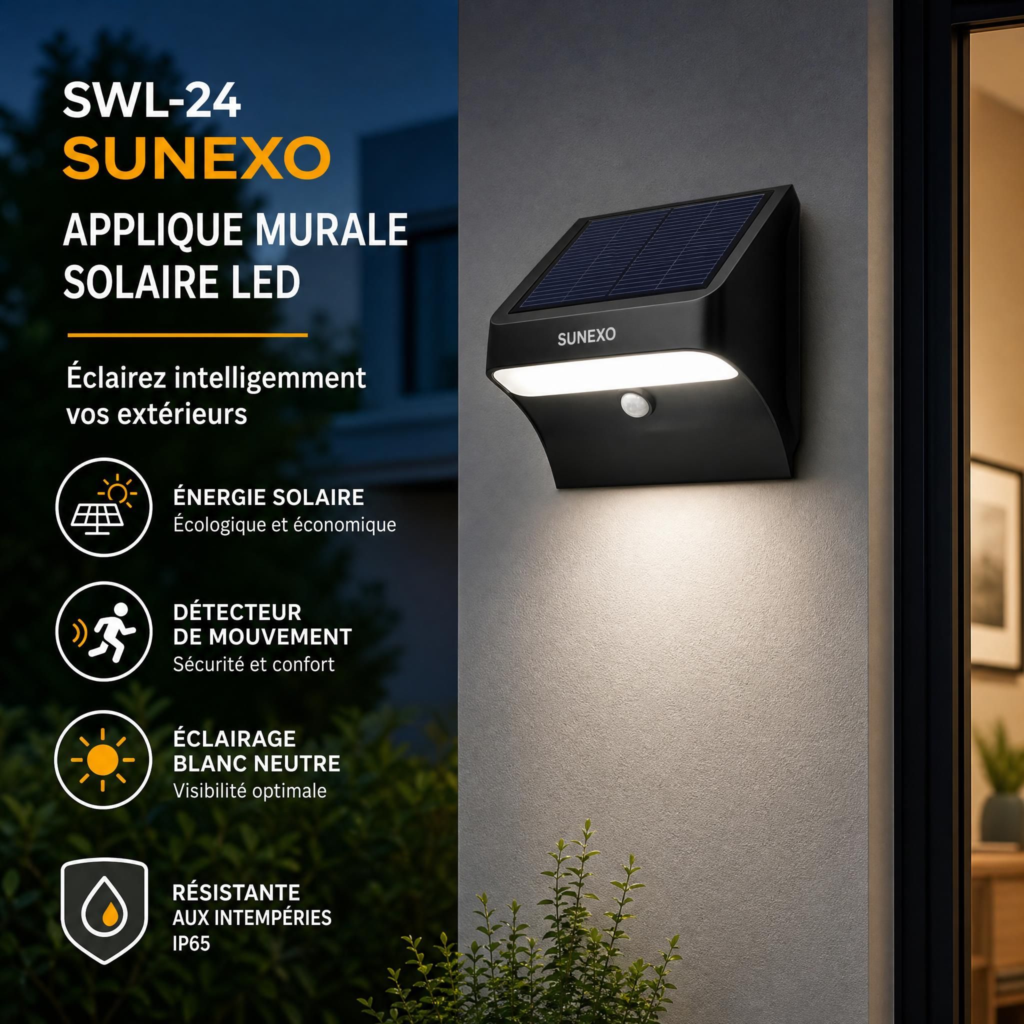 Applique murale solaire LED SWL-24 Sunexo fixée sur façade extérieure, éclairage blanc neutre, détecteur de mouvement