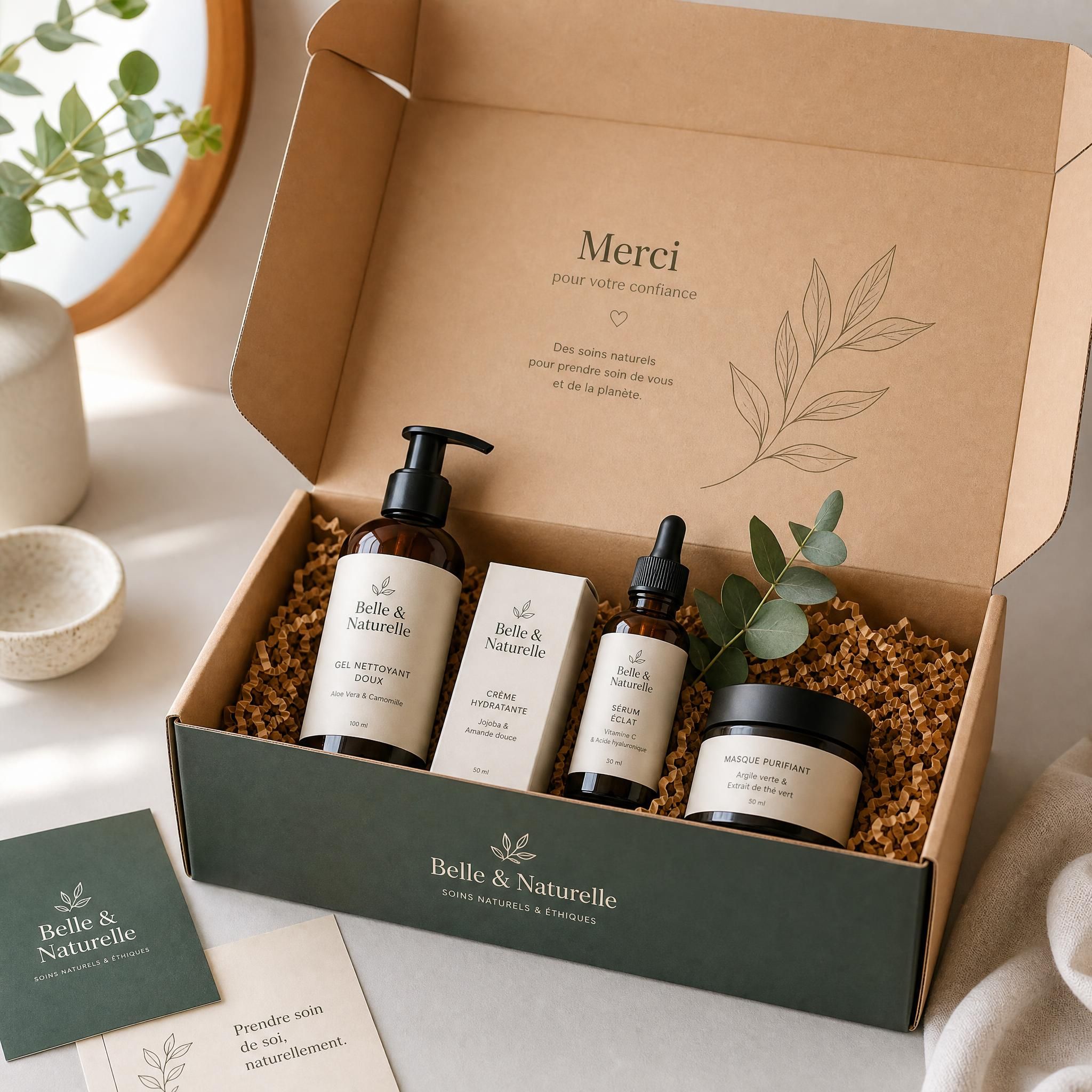 Expérience unboxing packaging personnalisé startup e-commerce - boîte premium ouverte avec produits de beauté naturels