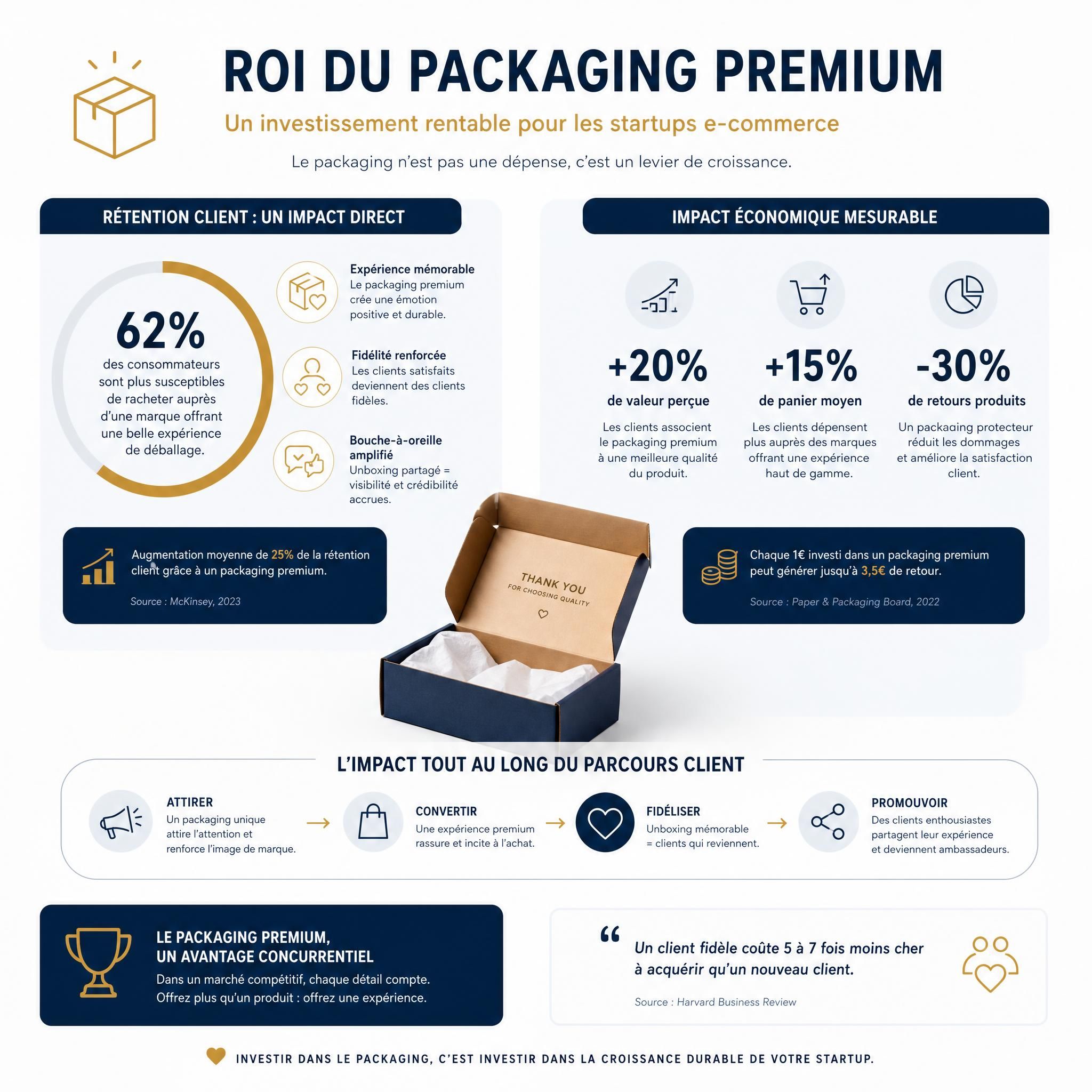 ROI packaging premium startups - infographie statistiques rétention client et impact économique e-commerce