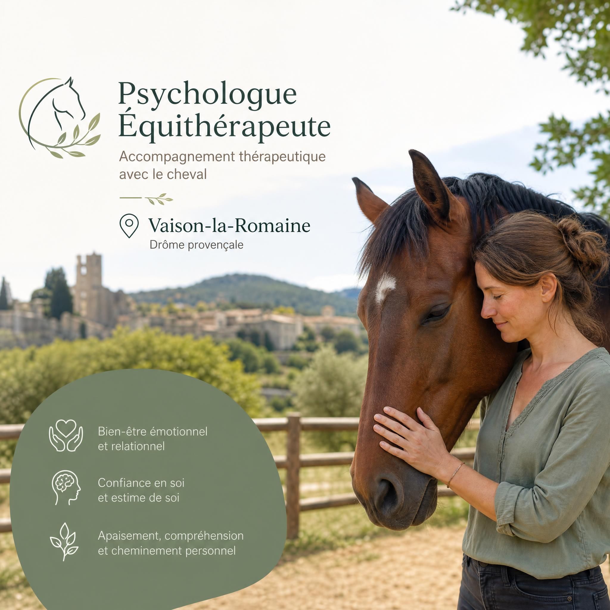 Psychologue équithérapeute avec cheval à Vaison-la-Romaine, Drôme provençale