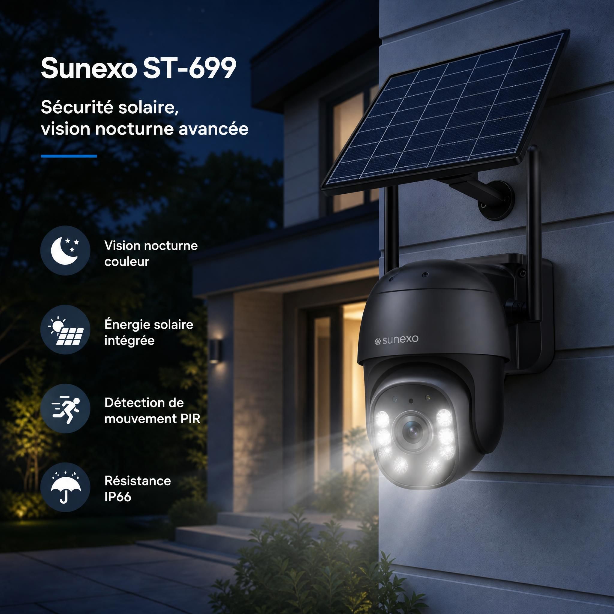 Caméra solaire Sunexo ST-699 installée sur façade extérieure d'une maison, vision nocturne active, panneau solaire intégré visible