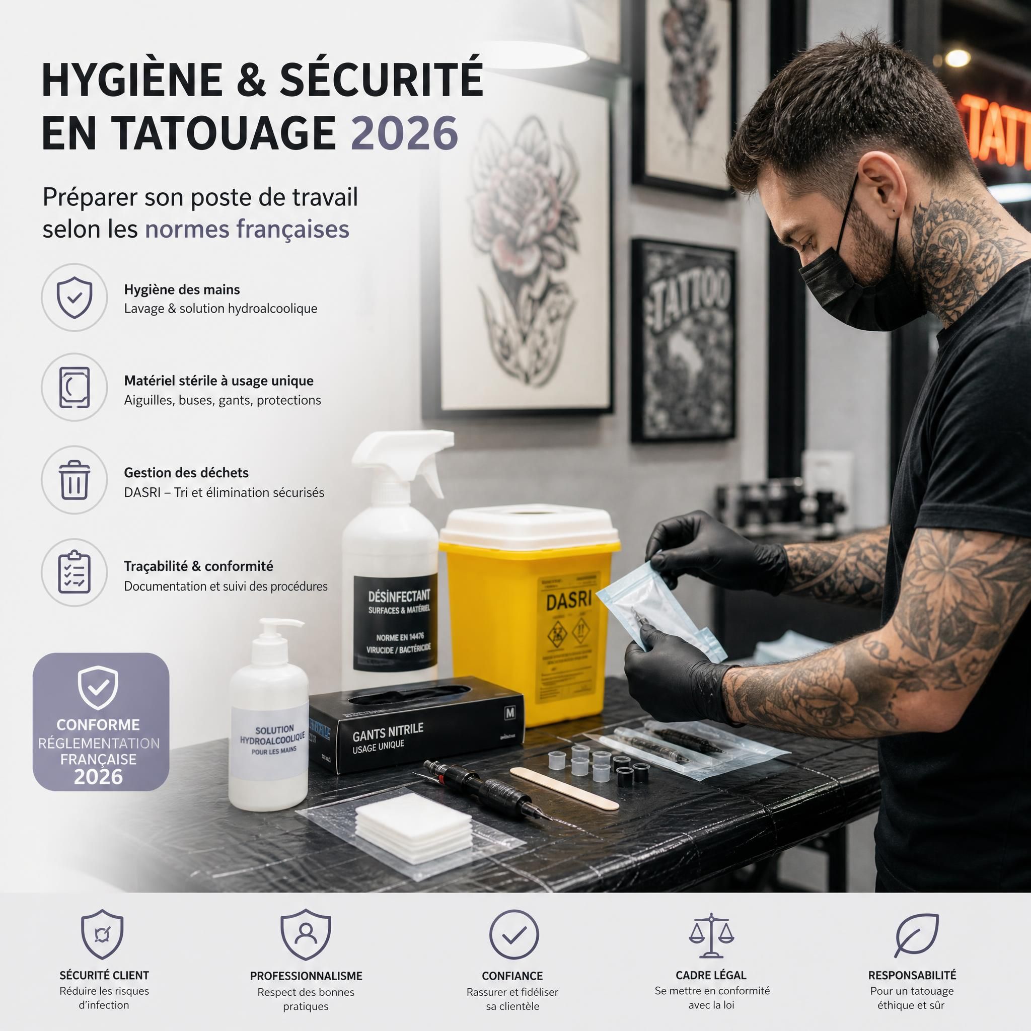 Professionnel du tatouage préparant son poste de travail avec matériel stérile et équipements d'hygiène conformes aux normes françaises 2026