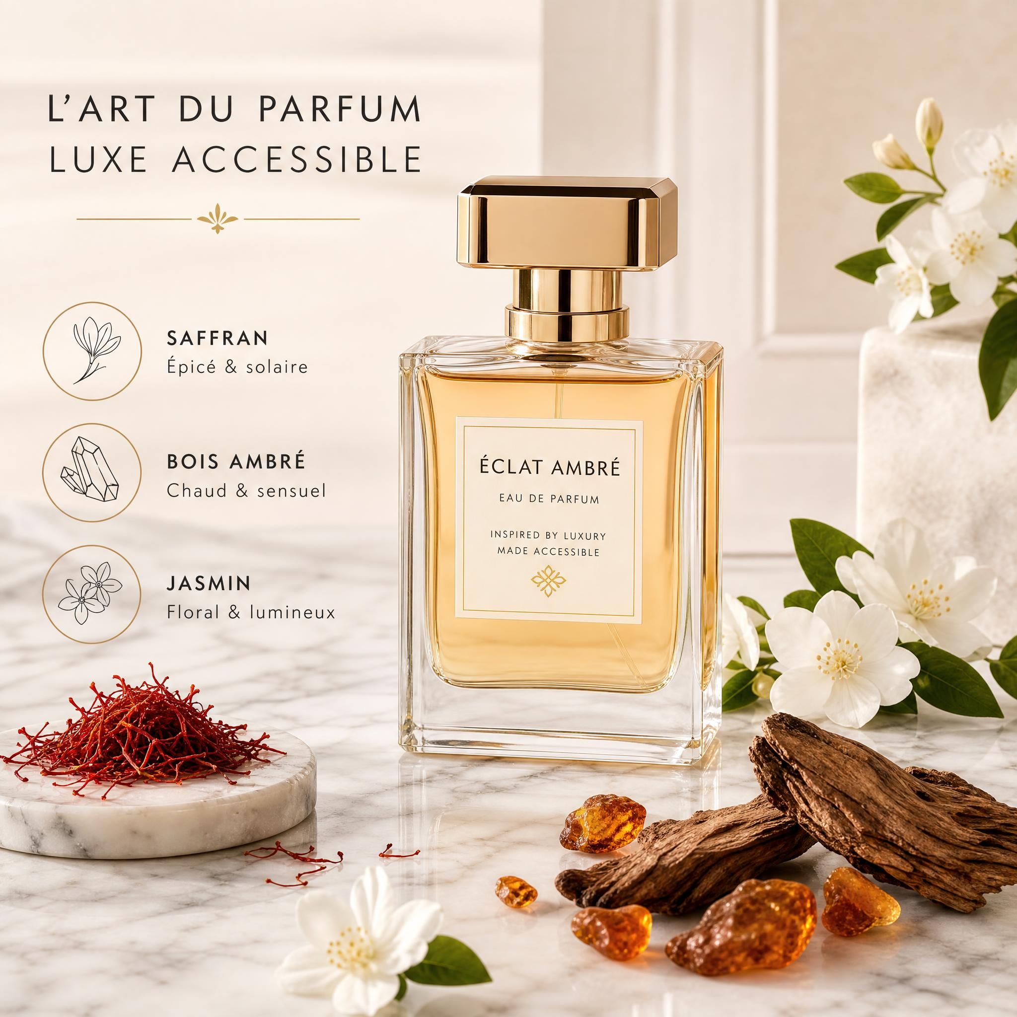 Flacon de parfum élégant posé sur une surface en marbre blanc avec des notes olfactives — saffran, bois ambré et fleurs de jasmin — évoquant un parfum inspiration luxe accessible