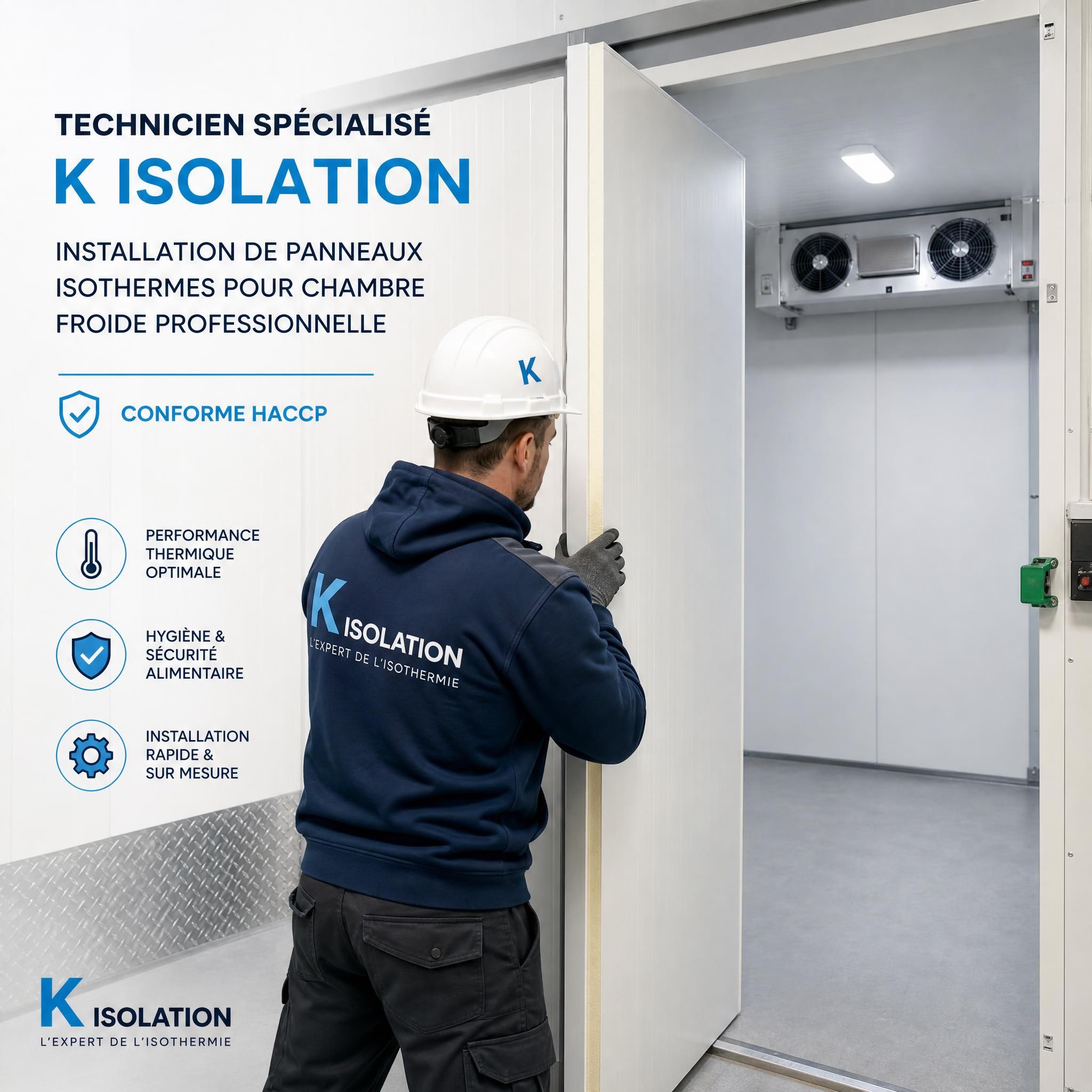 Technicien spécialisé K Isolation procédant à l'installation de panneaux isothermes dans une chambre froide professionnelle conforme HACCP