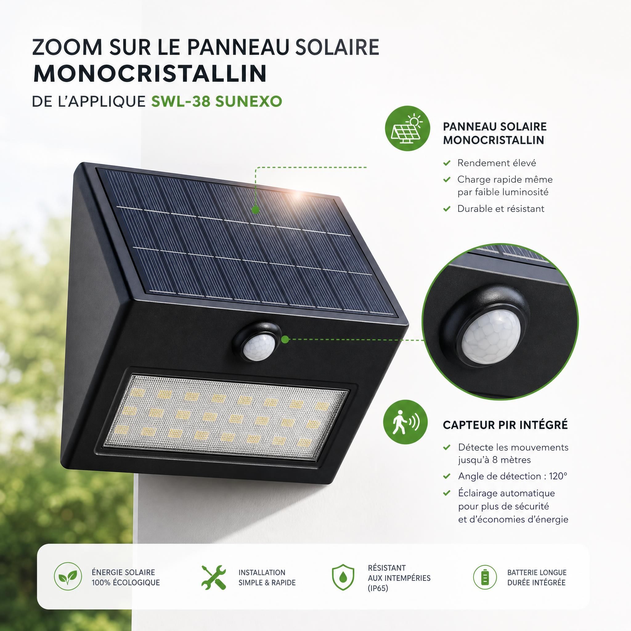 Zoom sur le panneau solaire monocristallin de l'applique SWL-38 Sunexo avec détail du capteur PIR intégré
