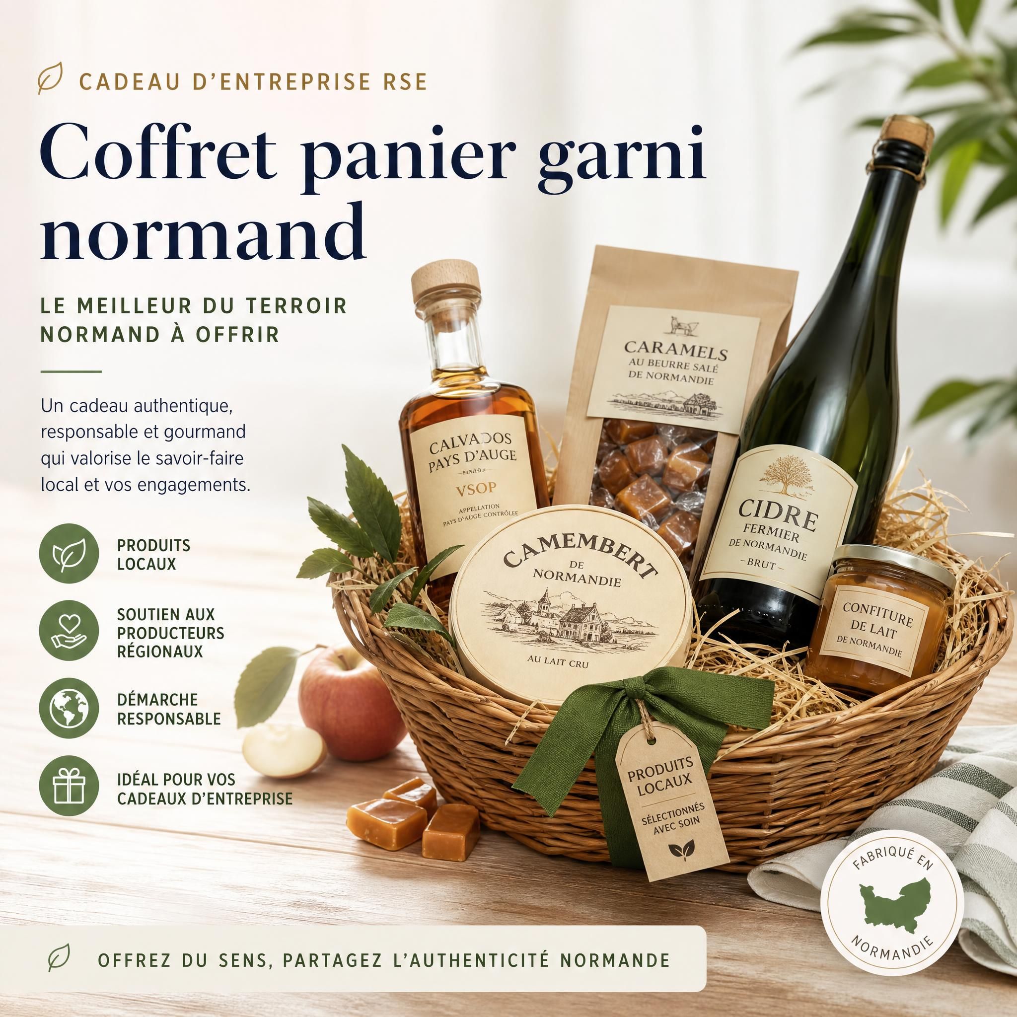 Coffret panier garni normand avec produits du terroir — camembert, cidre, calvados, caramels — présenté comme cadeau d'entreprise RSE