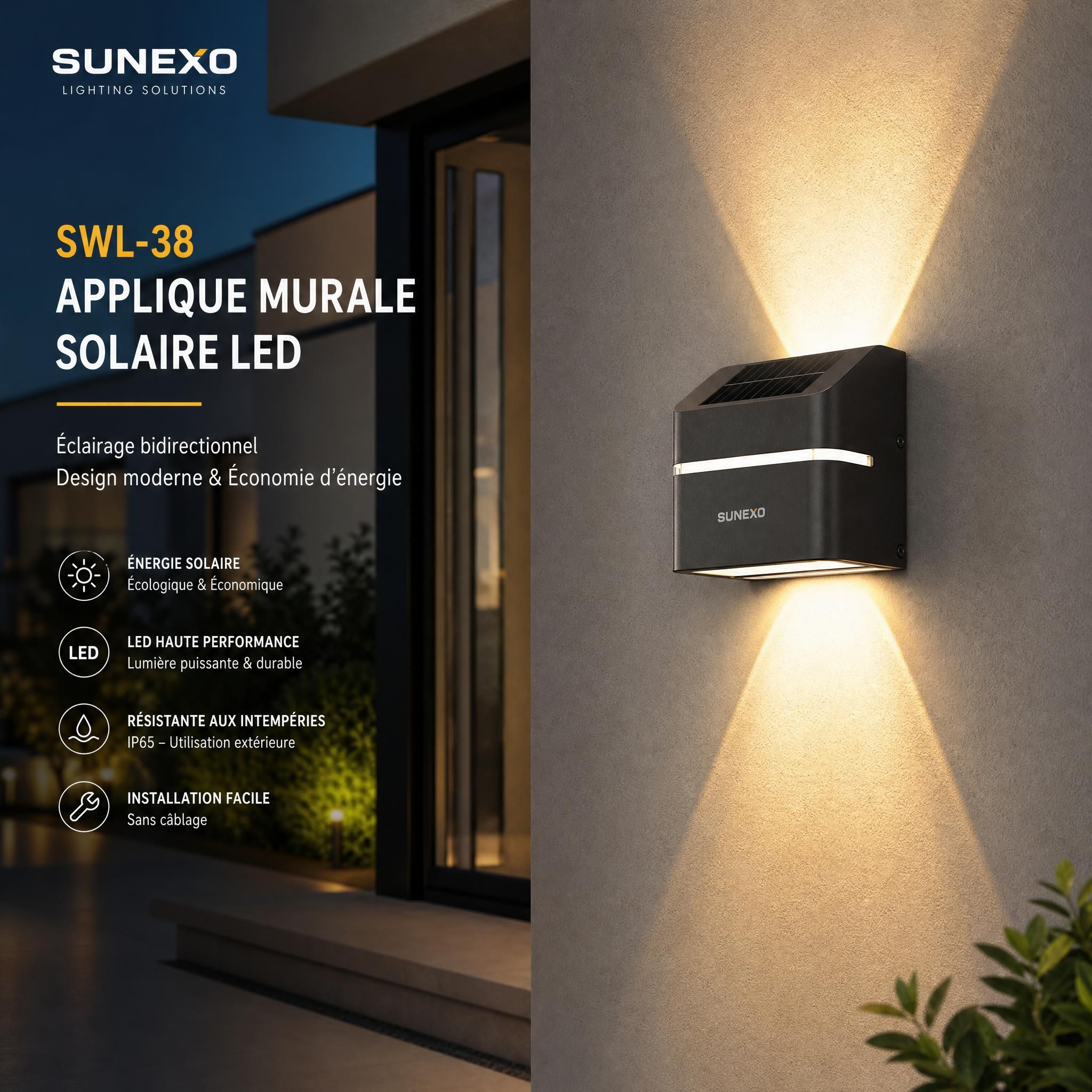 Applique murale solaire LED SWL-38 Sunexo installée sur façade extérieure, éclairage bidirectionnel design moderne