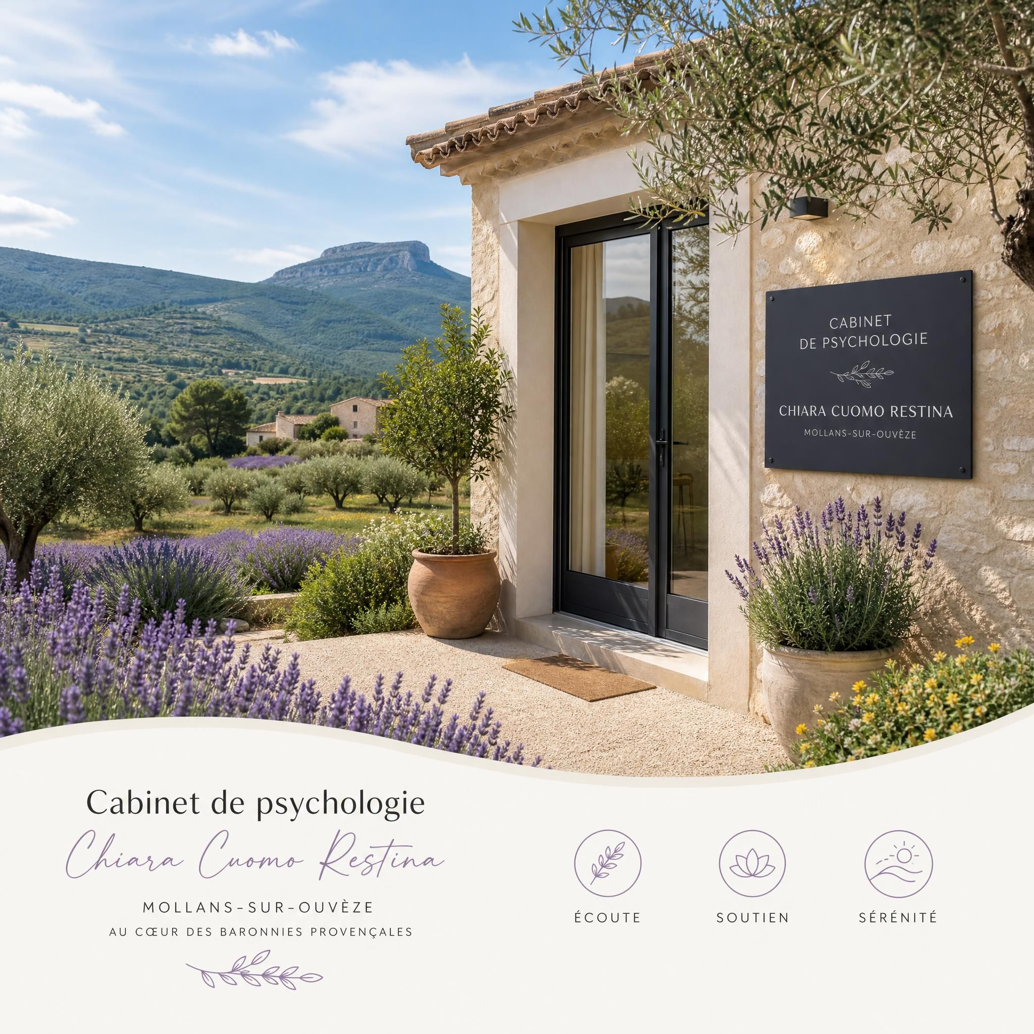 Cabinet de psychologie de Chiara Cuomo Restina à Mollans-sur-Ouvèze, entouré de la nature provençale des Baronnies, paysage de lavande et d'oliviers sous un ciel lumineux