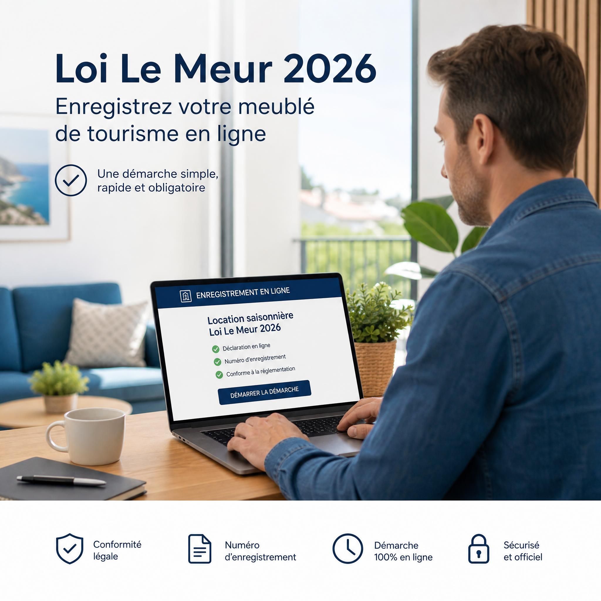 Propriétaire de meublé de tourisme consultant son ordinateur pour l'enregistrement en ligne de sa location saisonnière, loi Le Meur 2026