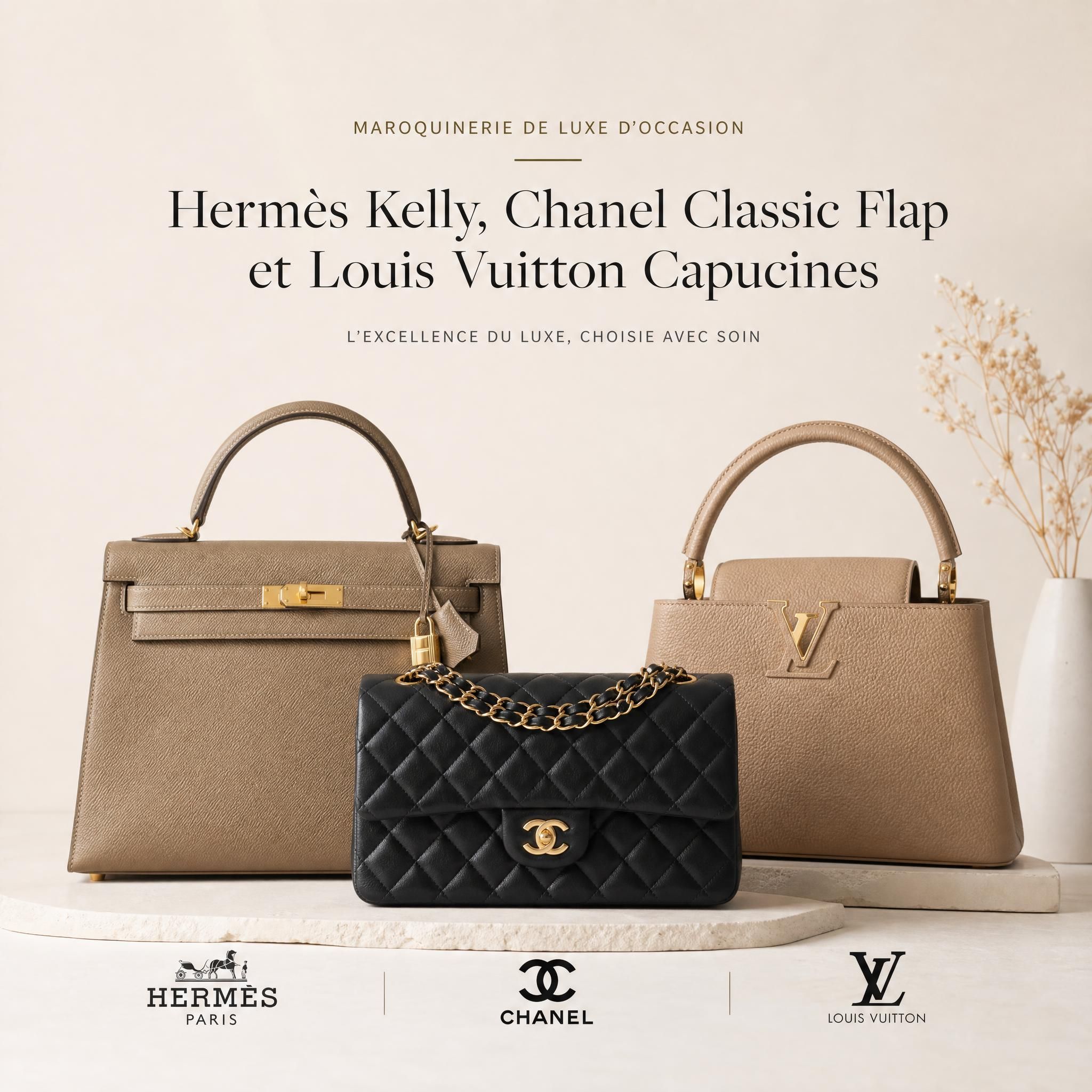 Collection de sacs de luxe Hermès Kelly, Chanel Classic Flap et Louis Vuitton Capucines présentés sur fond neutre, maroquinerie de luxe occasion