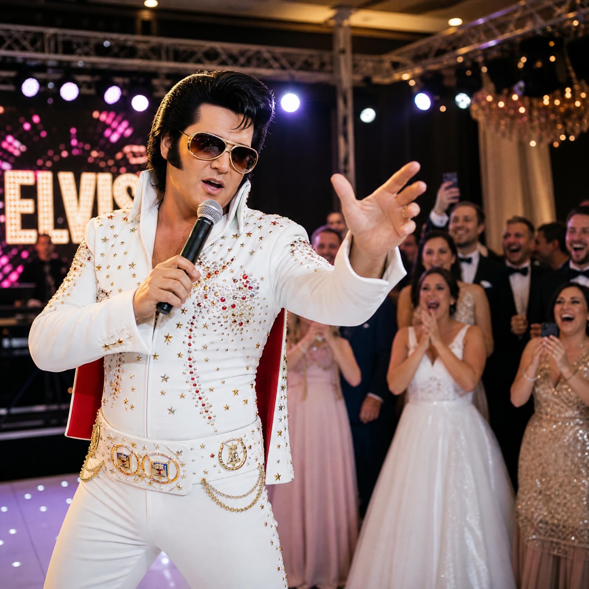 Artiste transformiste en costume de sosie de stars sur scène lors d'un mariage, lumières festives et invités émerveillés en arrière-plan
