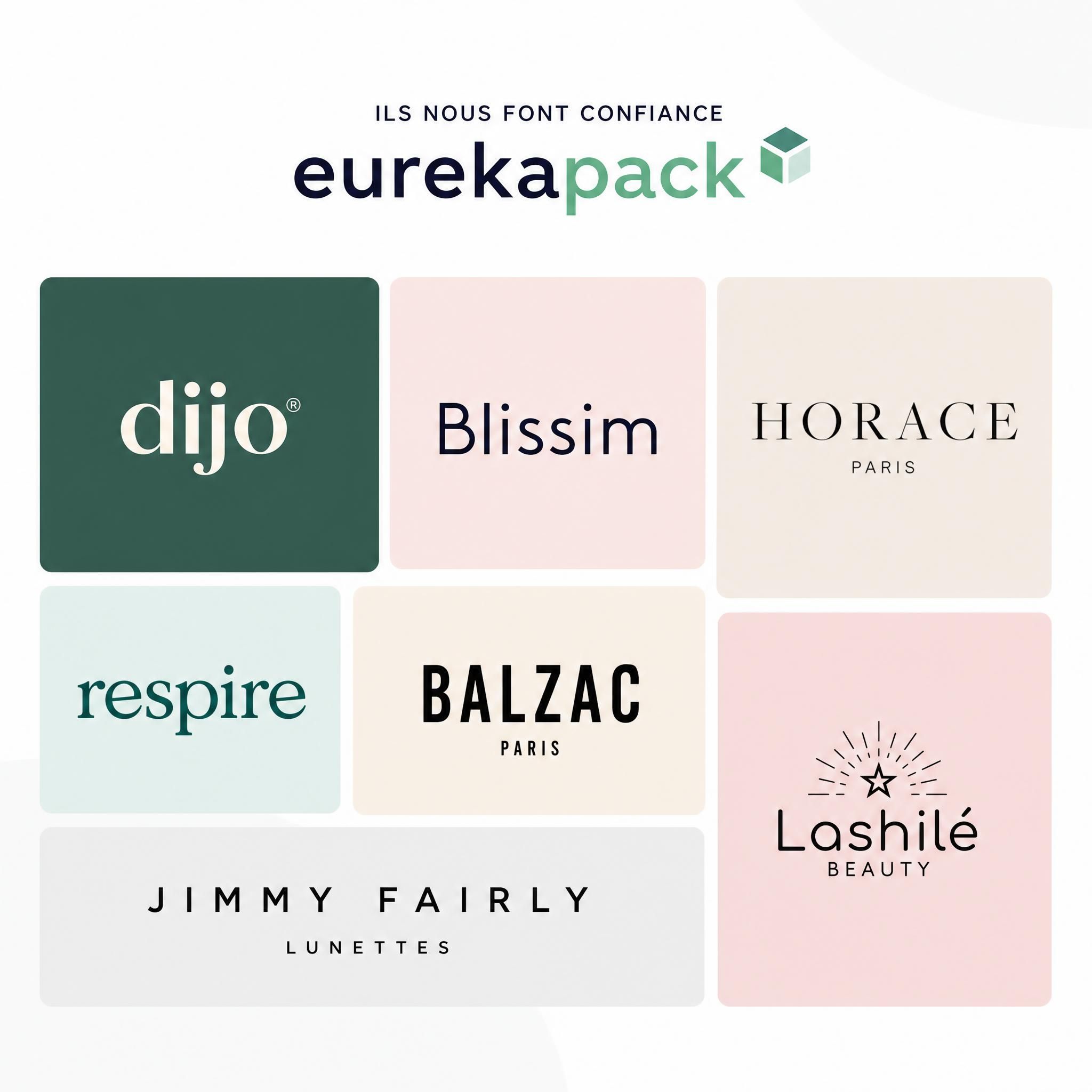 Mosaïque des logos des grandes marques clientes Eurekapack incluant Dijo, Blissim, Horace, Respire, Balzac Paris, Lashilé, Jimmy Fairly