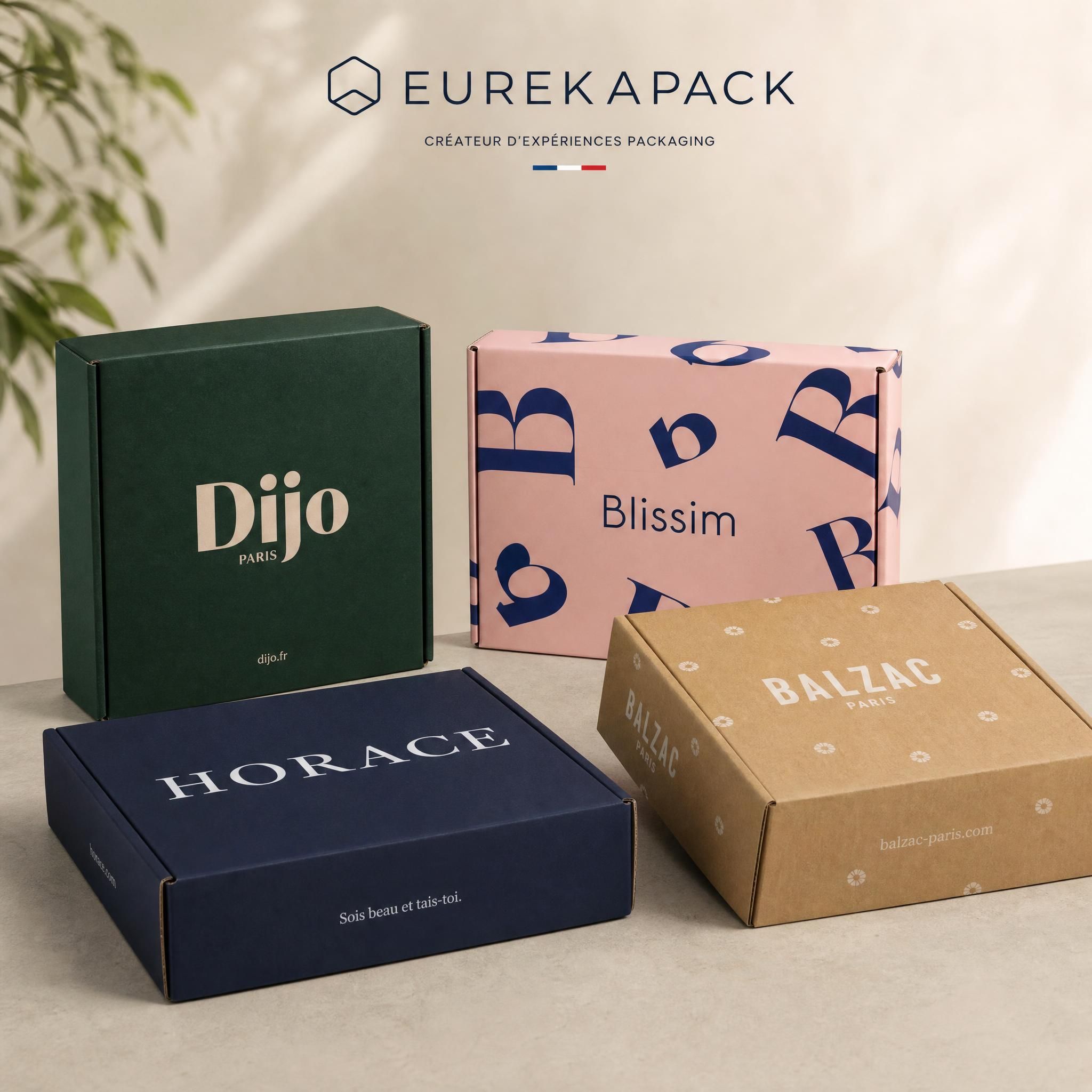Packagings premium e-commerce côte à côte pour marques Dijo, Blissim, Horace et Balzac Paris réalisés par Eurekapack