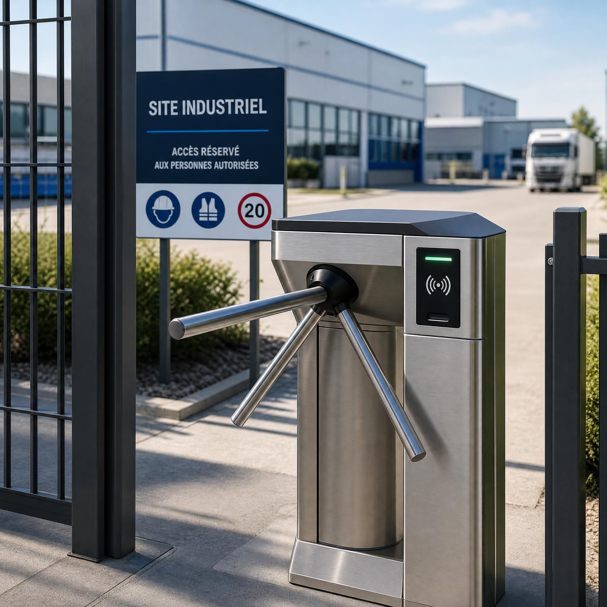 Tourniquet tripode en acier inoxydable à l'entrée d'un site industriel avec lecteur de badge RFID intégré, contrôle d'accès entreprise