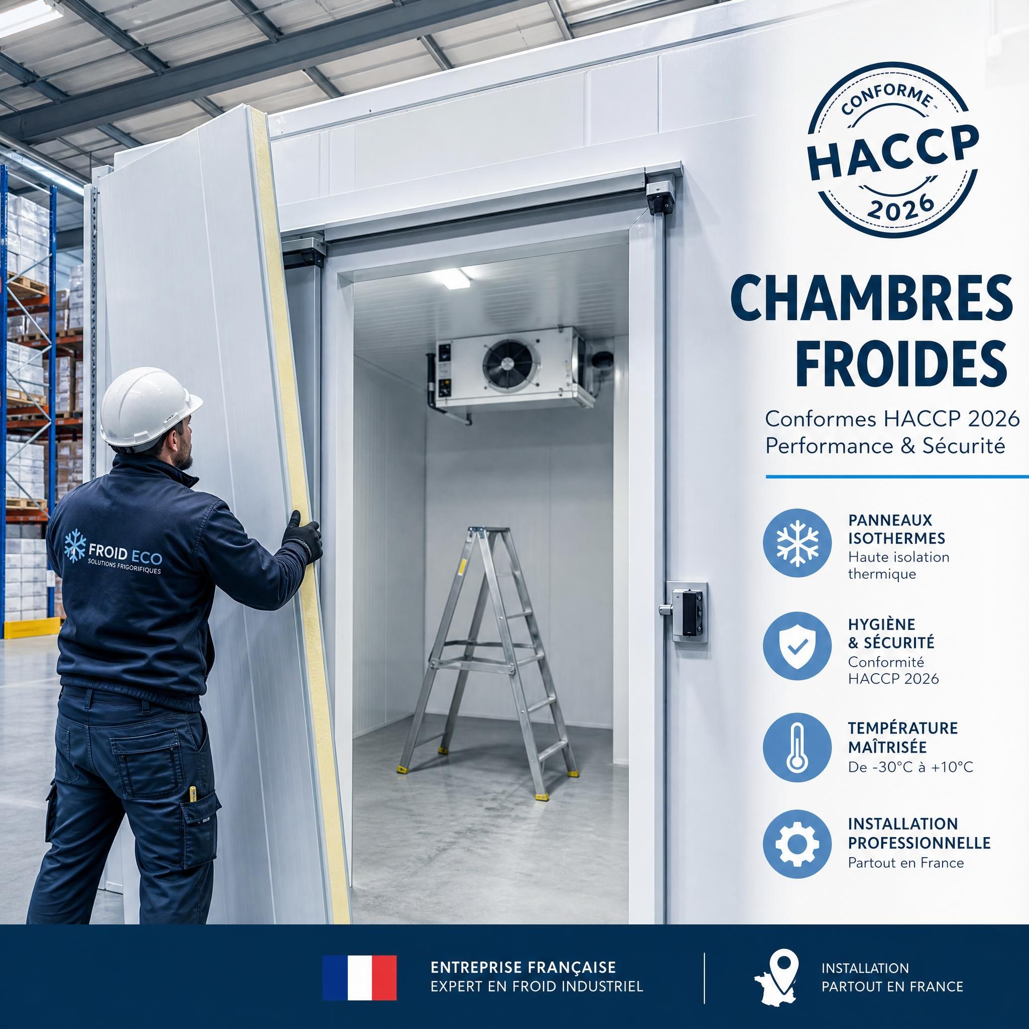 Technicien installant une chambre froide professionnelle avec panneaux isothermes conformes HACCP 2026, entrepôt frigorifique industriel France