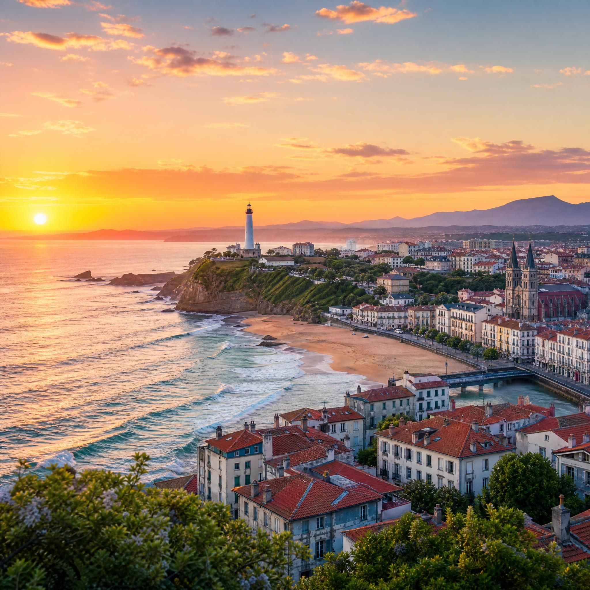 Vue panoramique du littoral basque avec les plages d'Anglet, le phare de Biarritz et les toits rouges de Bayonne au coucher du soleil