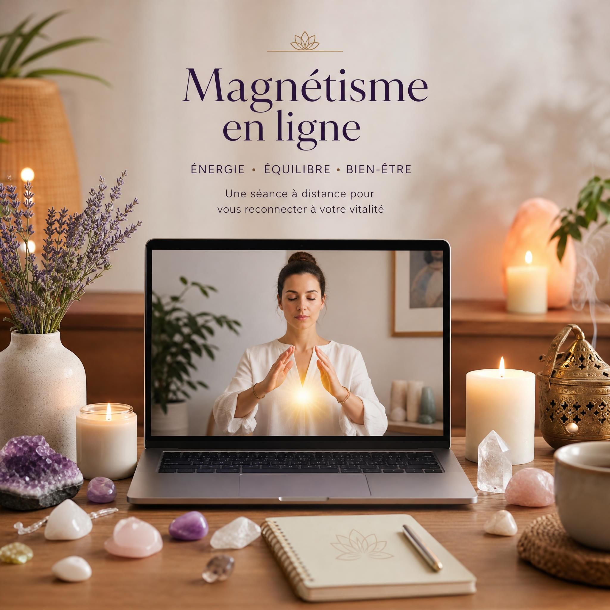 Espace de bien-être holistique, bougies allumées, cristaux et ambiance spirituelle douce pour une séance de magnétisme en ligne