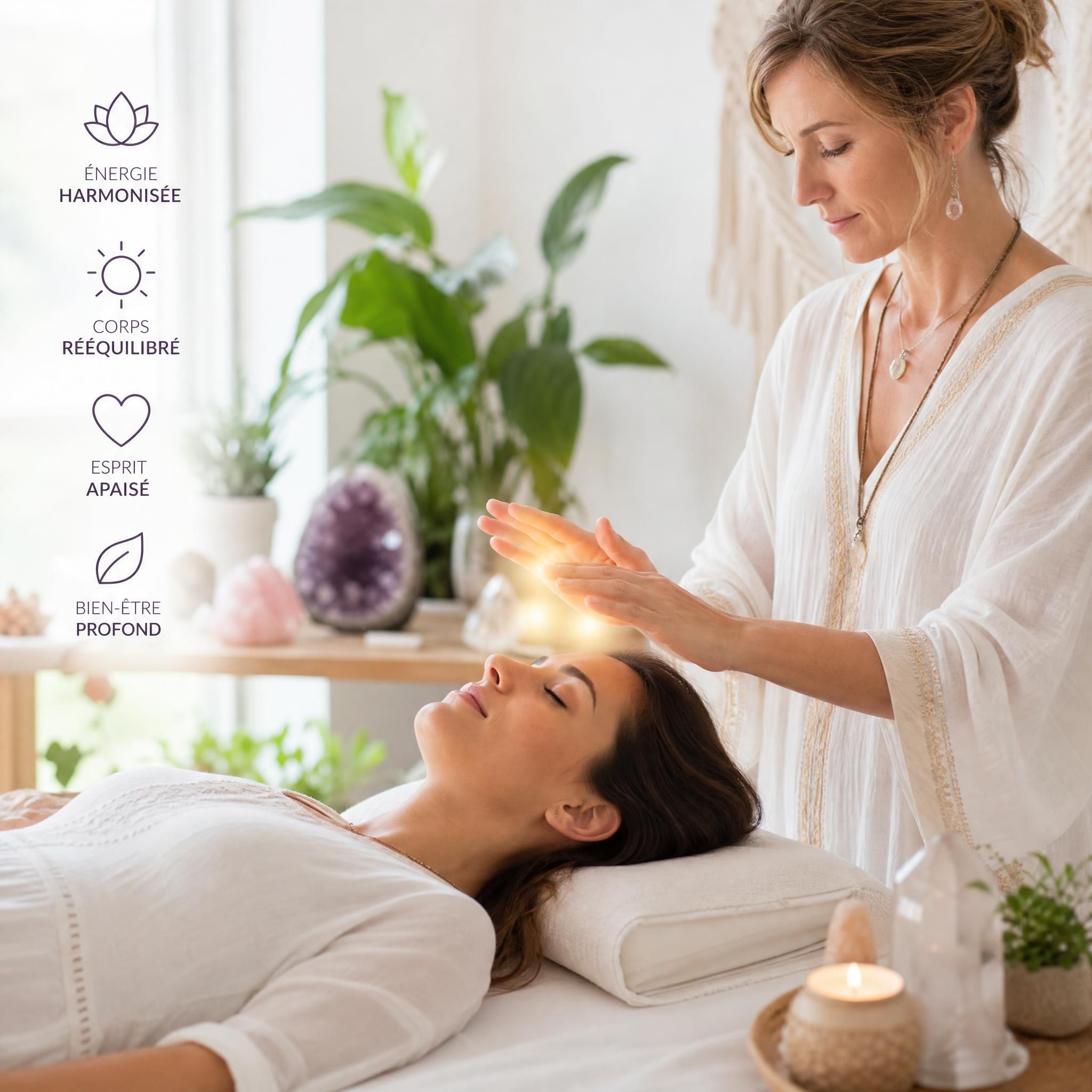 Femme en état de relaxation profonde lors d'un soin énergétique holistique, ambiance lumineuse et sereine